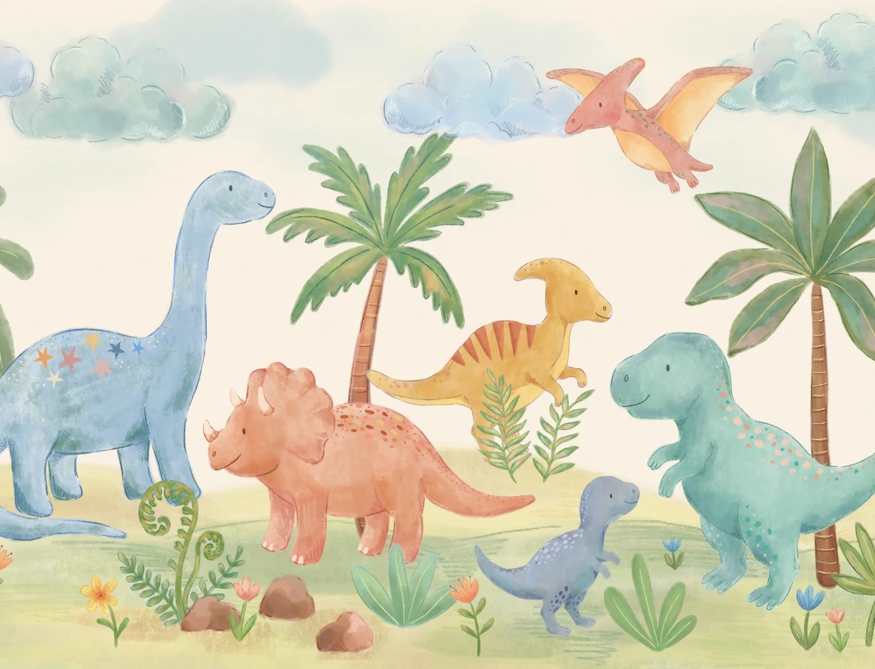 Veelkleurige Dinosaur Paradise kindermuurschildering voor speelse ruimtes