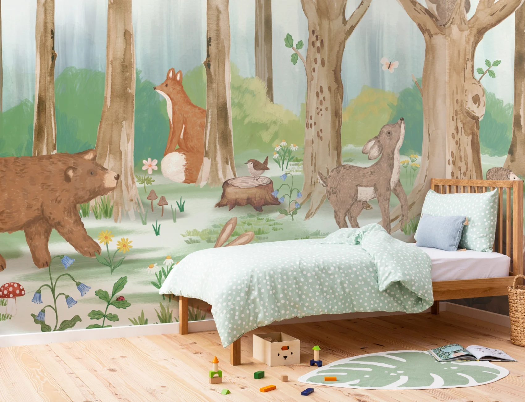 Carta da parati con scene di animali del bosco per bambini