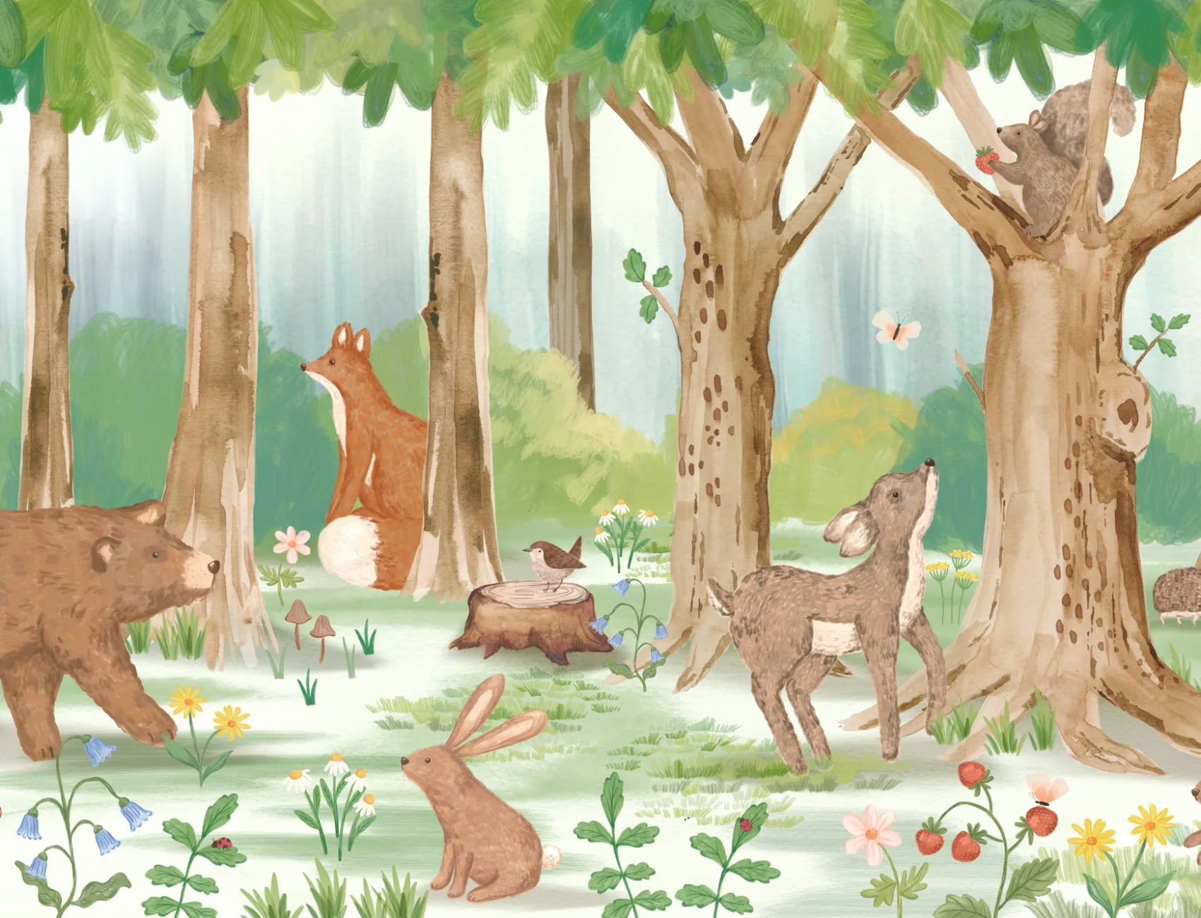 Carta da parati con scene di animali del bosco per bambini