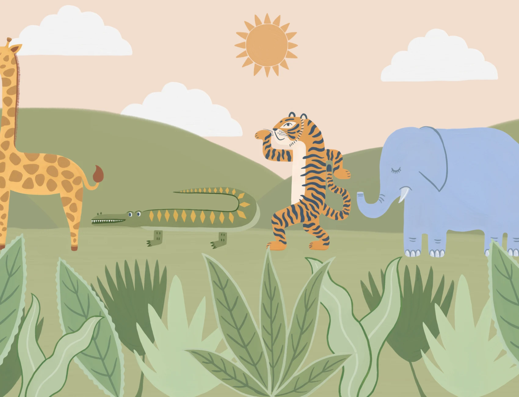 Mural de animais da selva para crianças que brincam e dançam