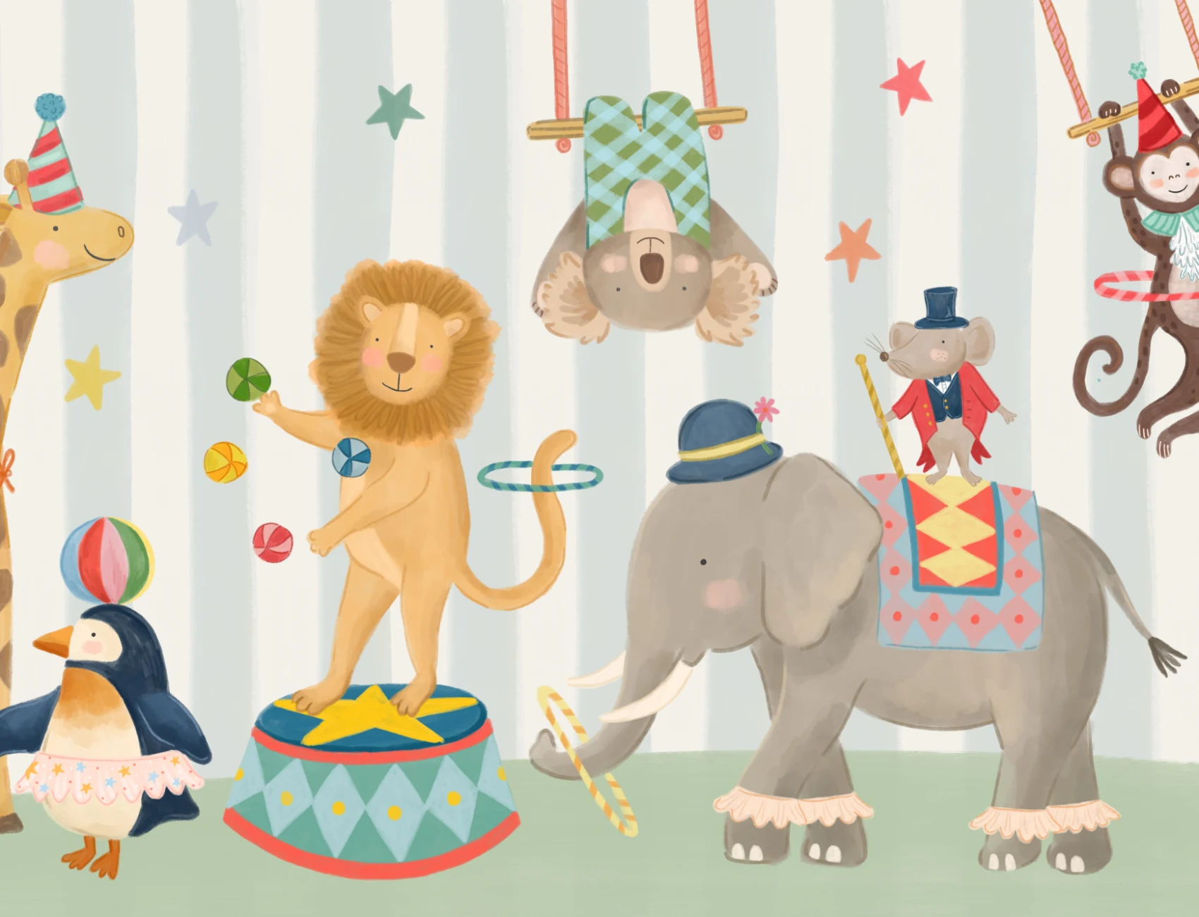 Kids Blue Stripe Animal Circus Show Mural