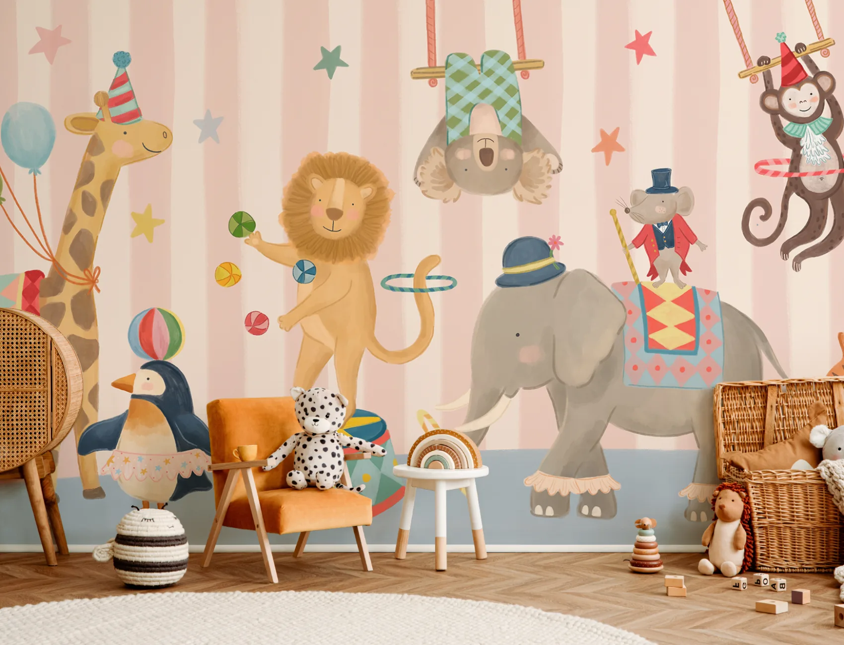 Kids Roze Streep Dieren Circus Show Muurschildering