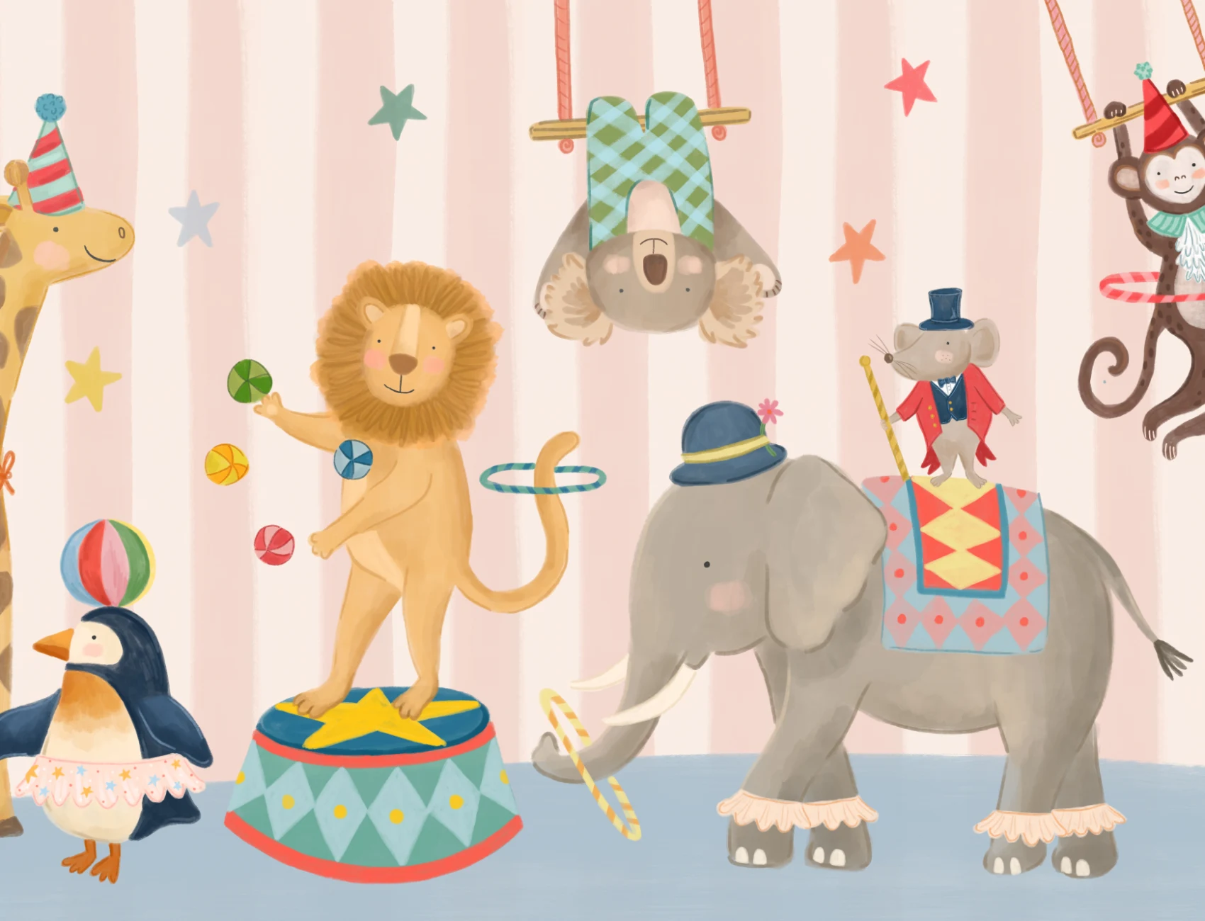 Kids Roze Streep Dieren Circus Show Muurschildering