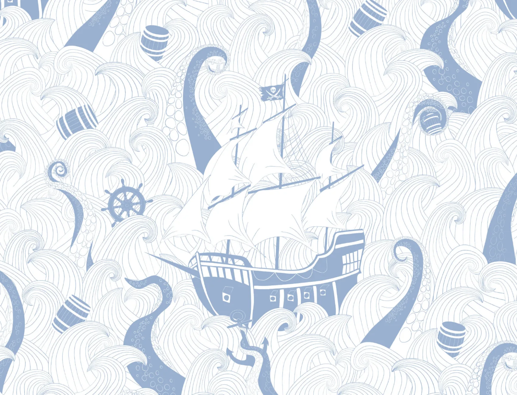 Mural Papel Pintado Infantil Blanco y Azul con Motivos de Barco Pirata