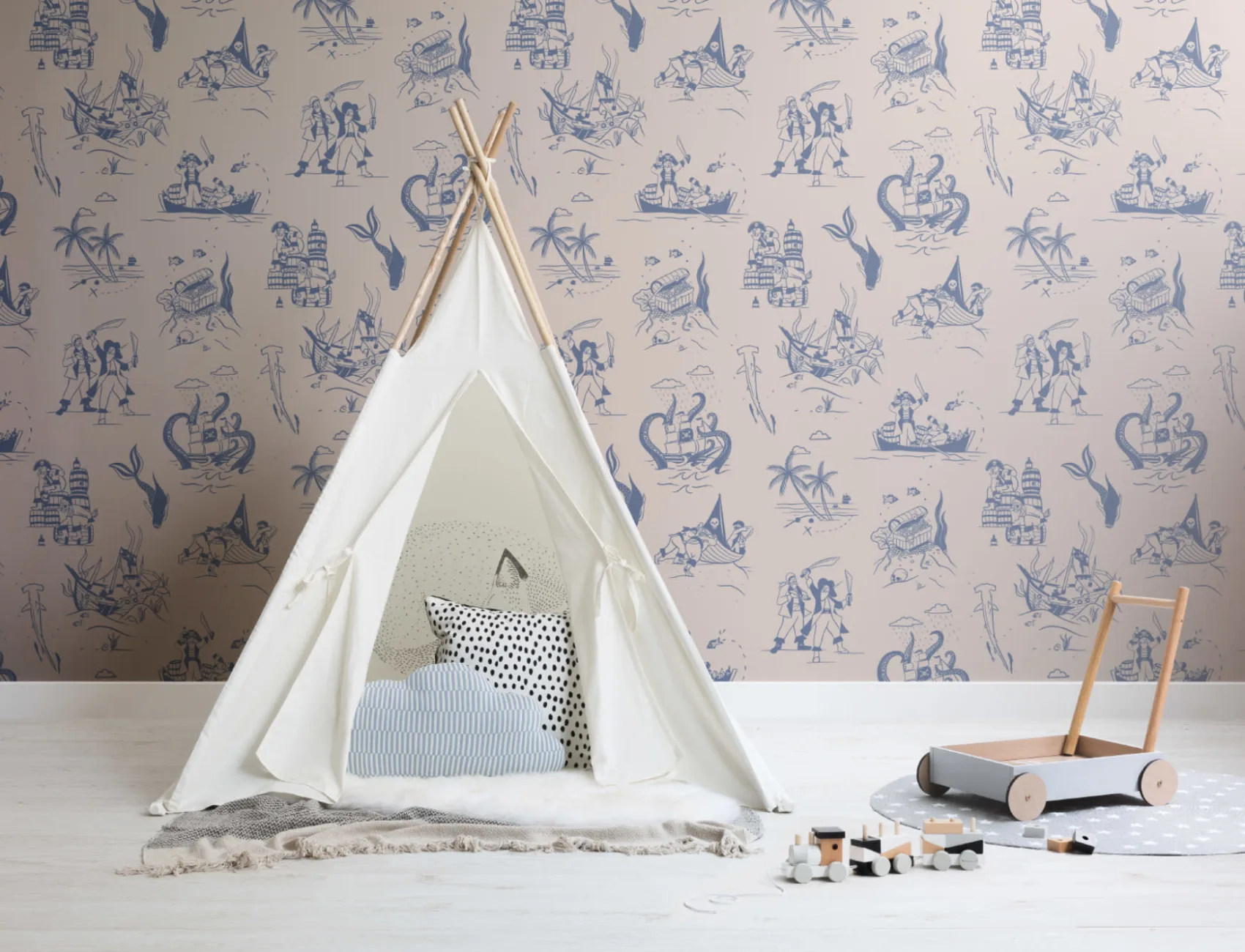 Mural Papel Pintado Azul y Crema Ilustrado con Motivos de Escenas Piratas