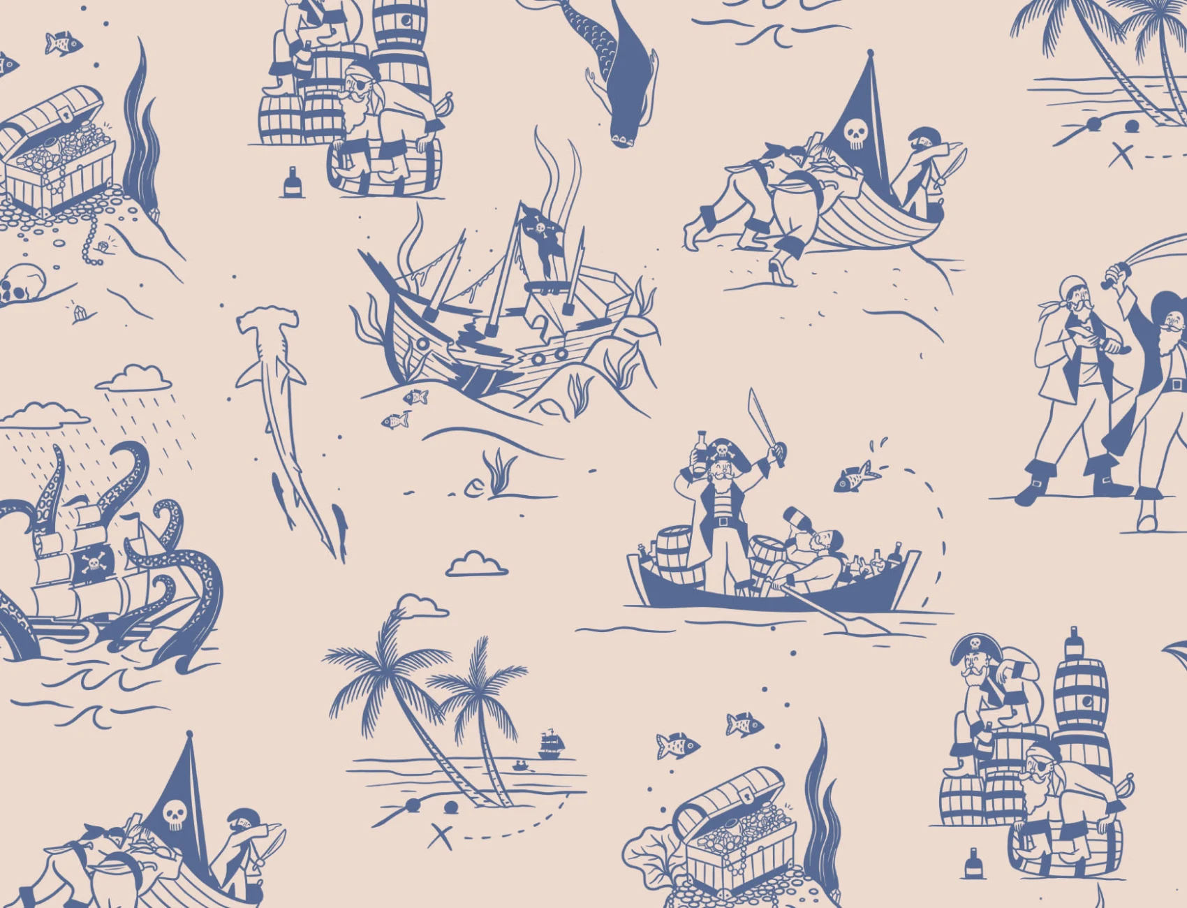 Mural Papel Pintado Azul y Crema Ilustrado con Motivos de Escenas Piratas
