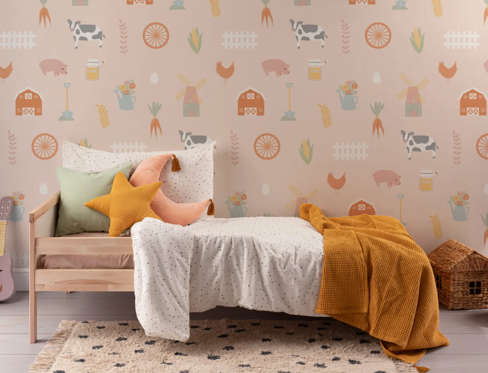 Mural Papel Pintado Colorido para Niños con Motivo de Ilustraciones de Casa de Campo