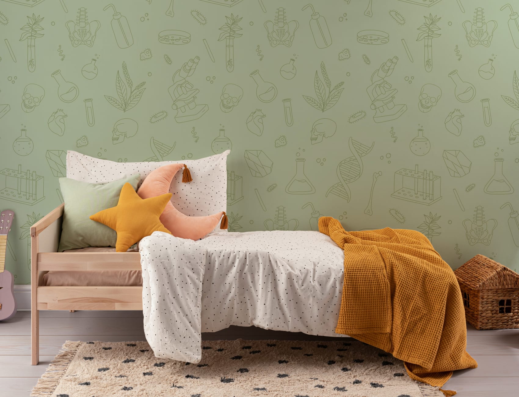 Mural Papel Pintado Verde con Ilustraciones de Ciencias