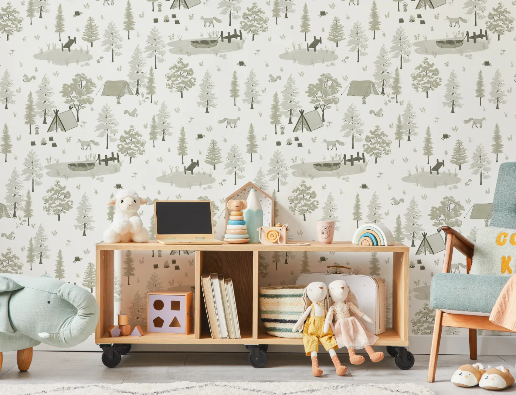 Green Woodland Camping Repeat Pattern Wallpaper