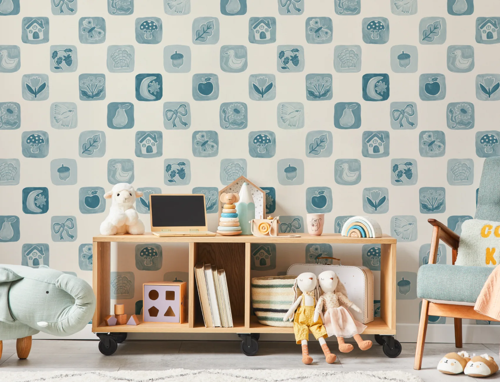 Papier peint panoramique à carreaux bleu pour enfants