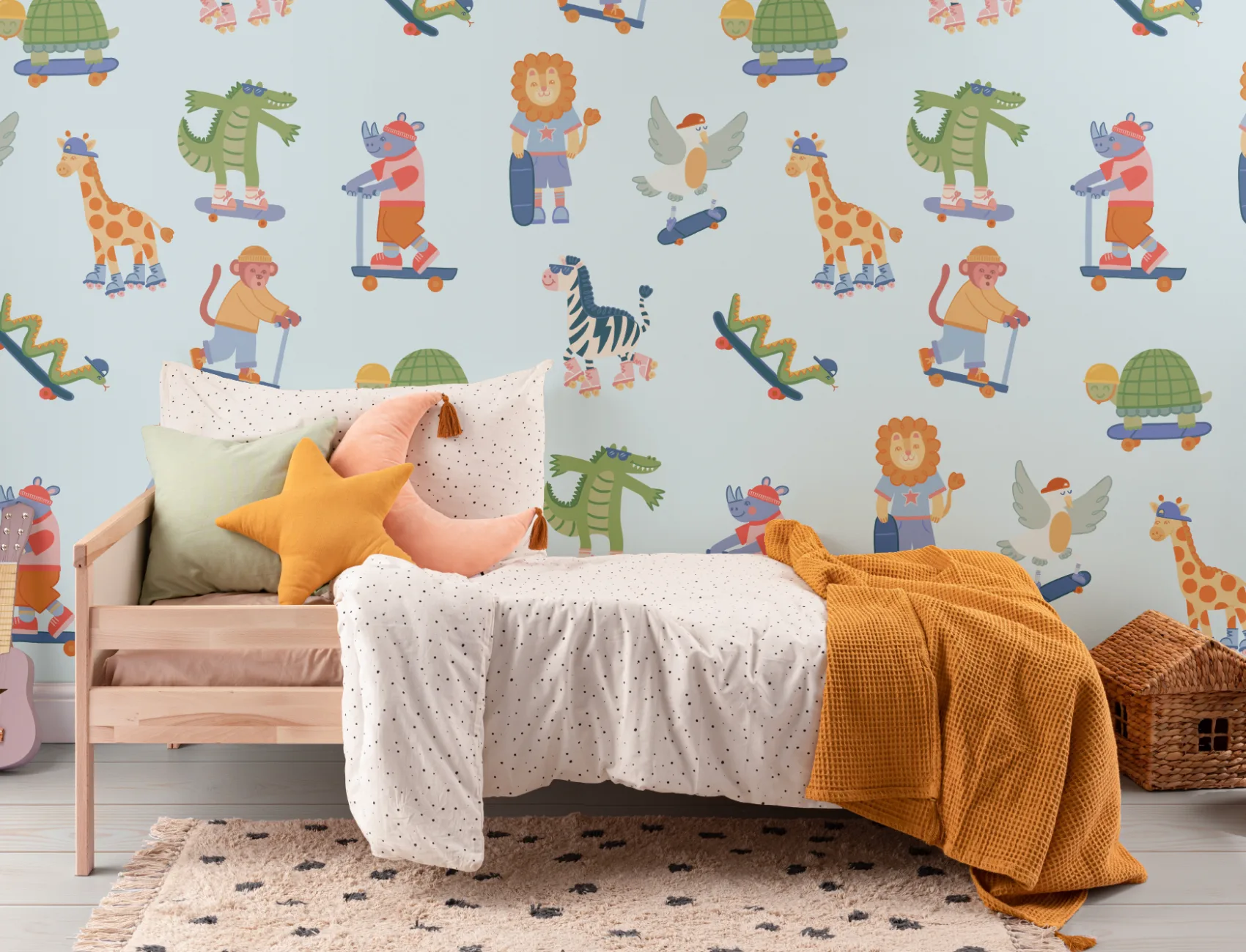Mural de aventuras de animais de skate multicolorido para crianças