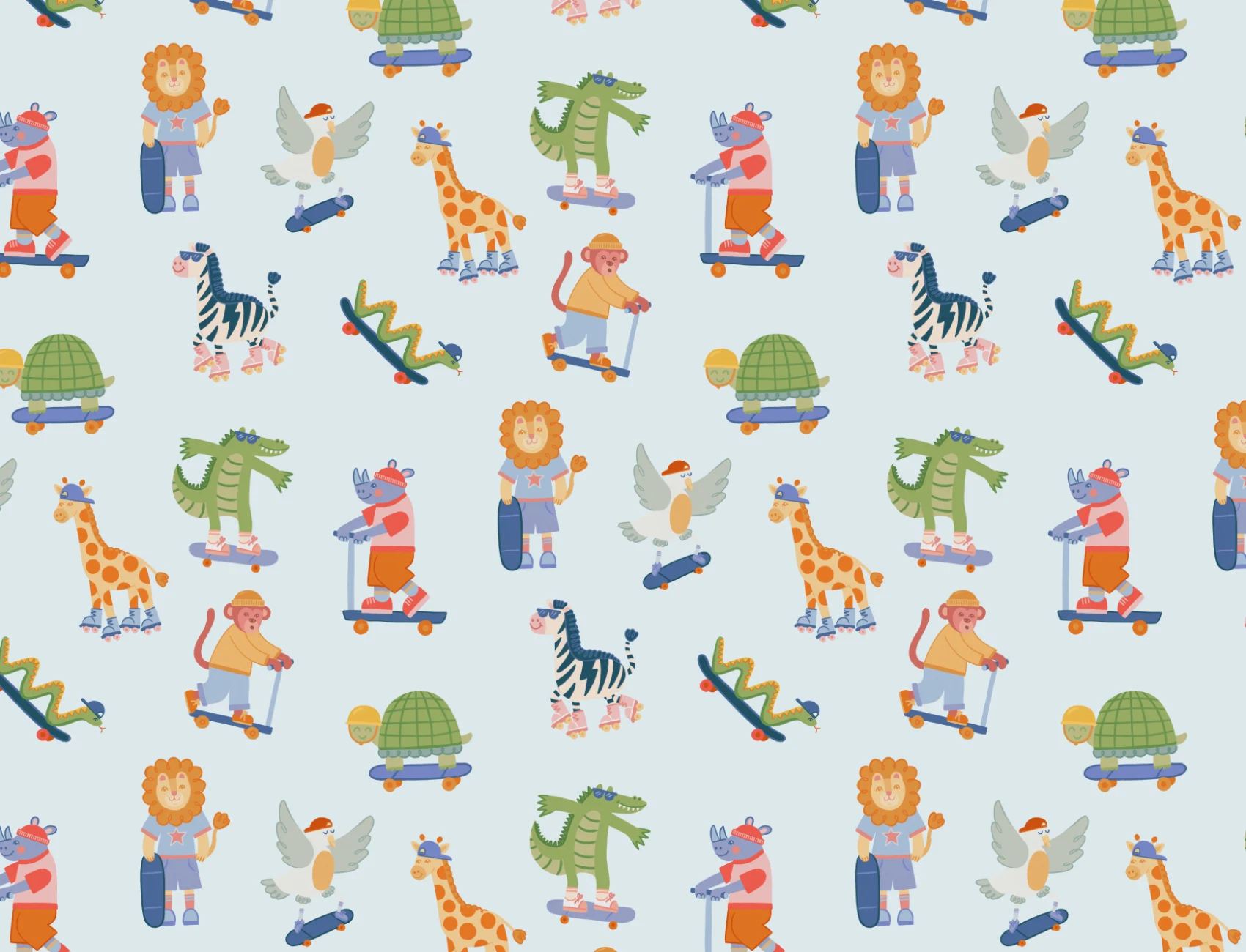 Mural de aventuras de animais de skate multicolorido para crianças