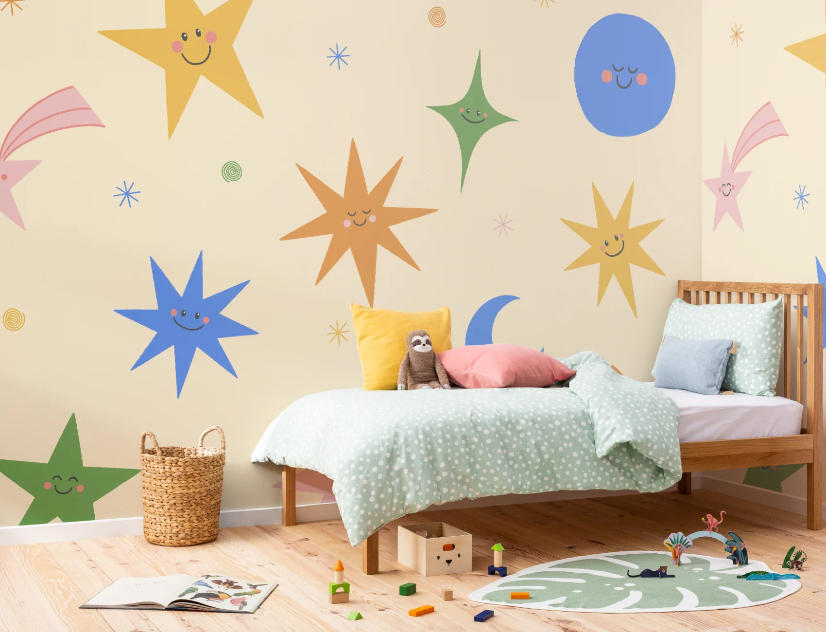 Carta da parati cielo celestiale multicolore con faccine sorridenti per bambini