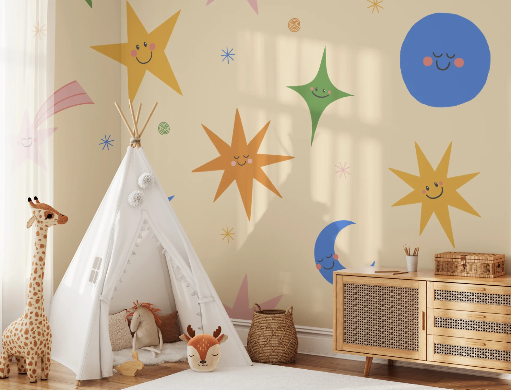 Carta da parati cielo celestiale multicolore con faccine sorridenti per bambini