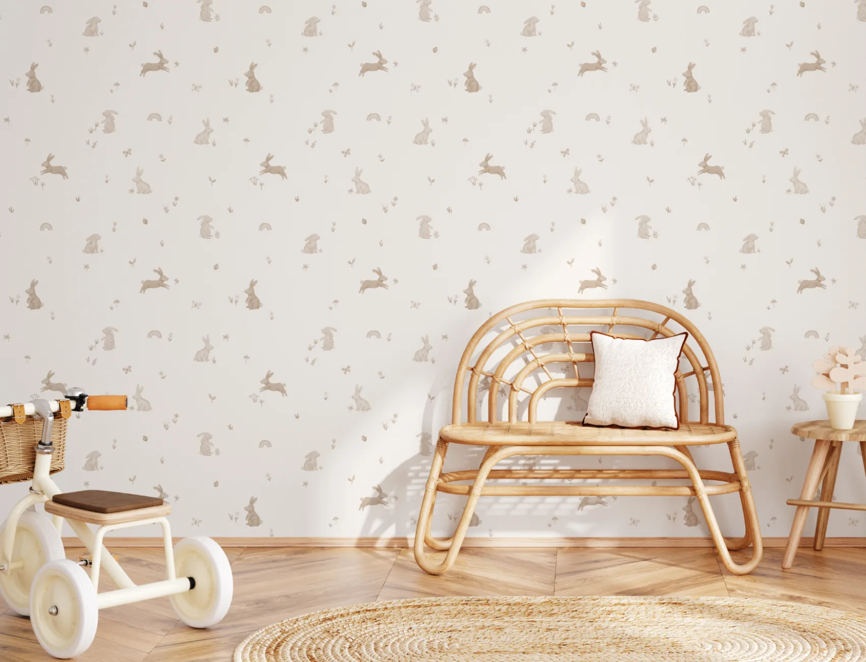 Papel de parede com padrão de animais coelhinhos em tons neutros para quarto infantil