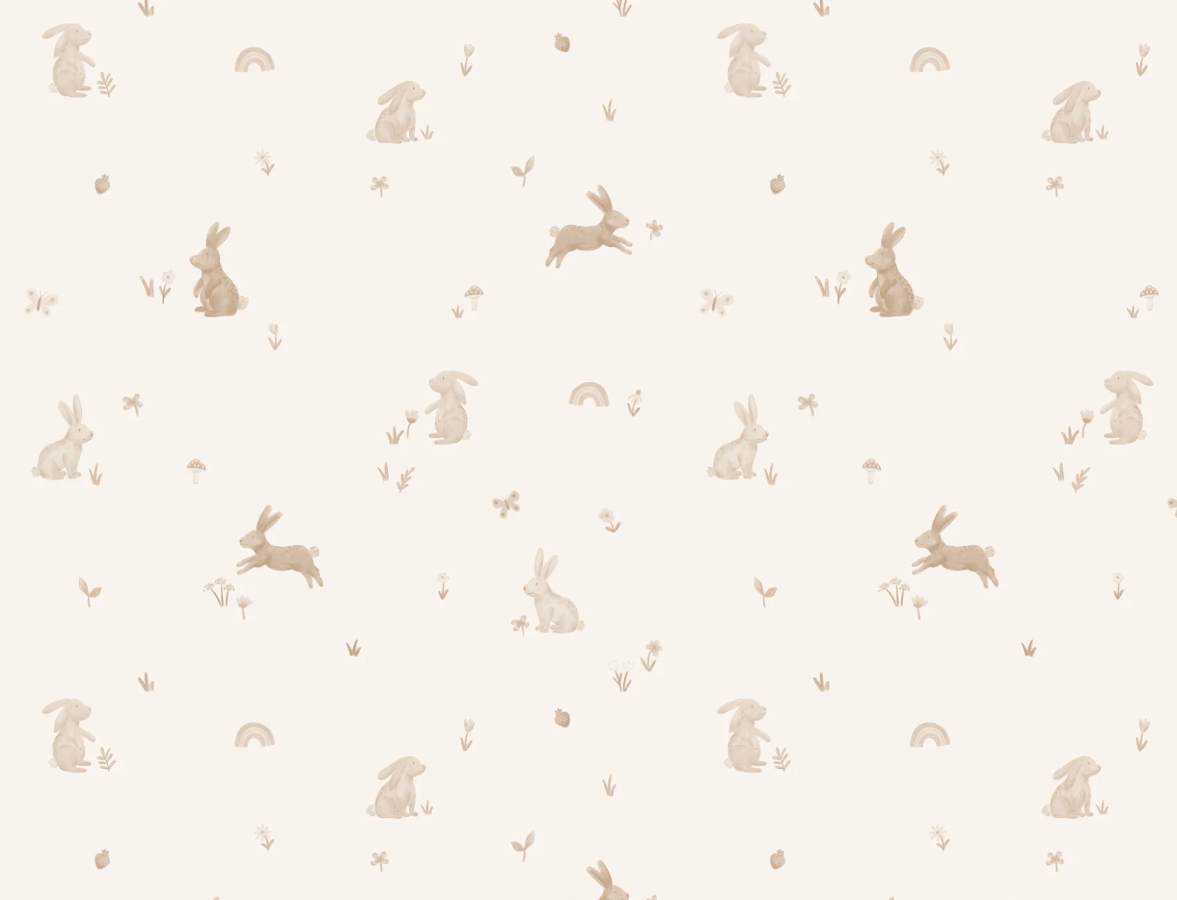 Papel de parede com padrão de animais coelhinhos em tons neutros para quarto infantil