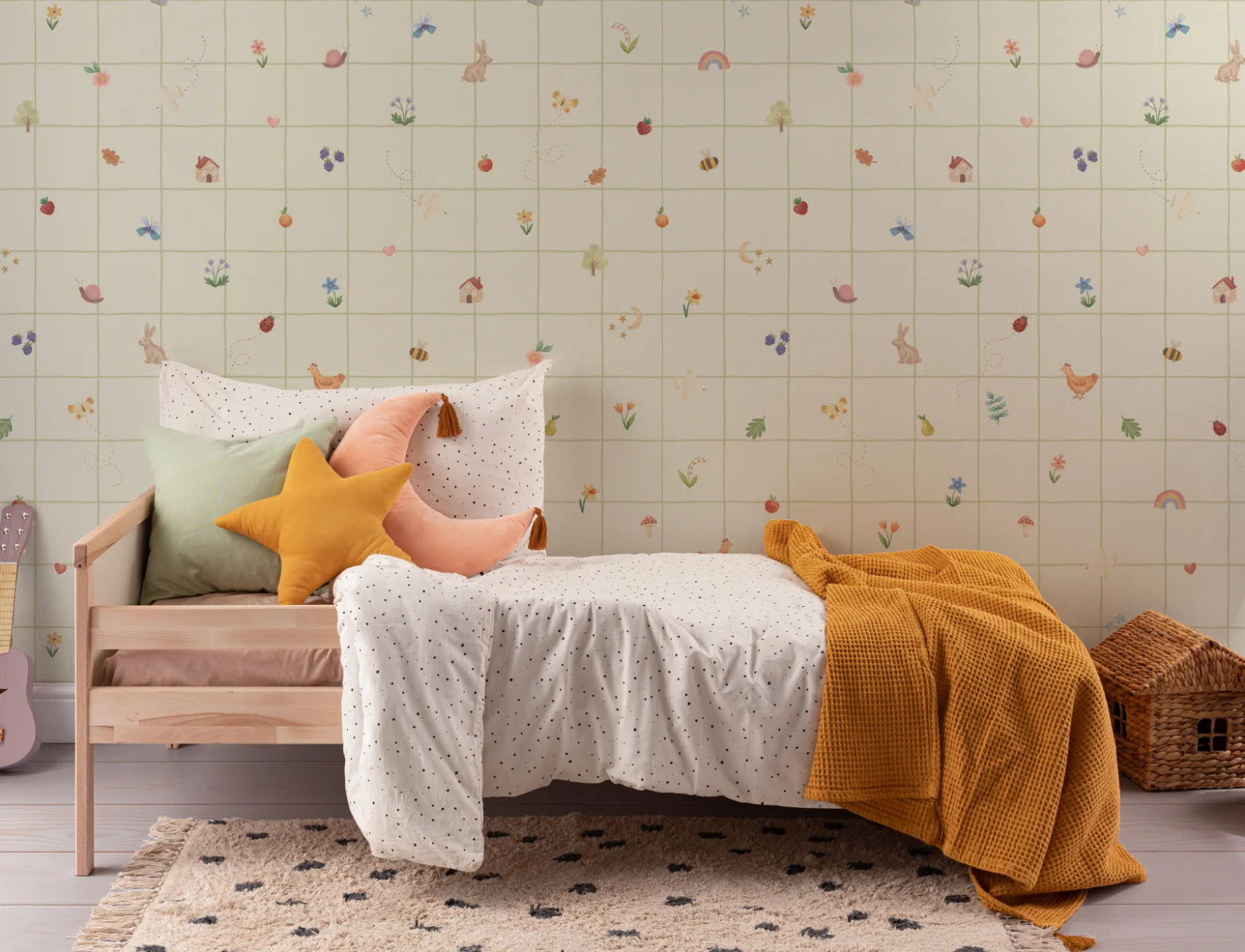 Kinderkamer muurschildering met veelkleurige botanische natuur