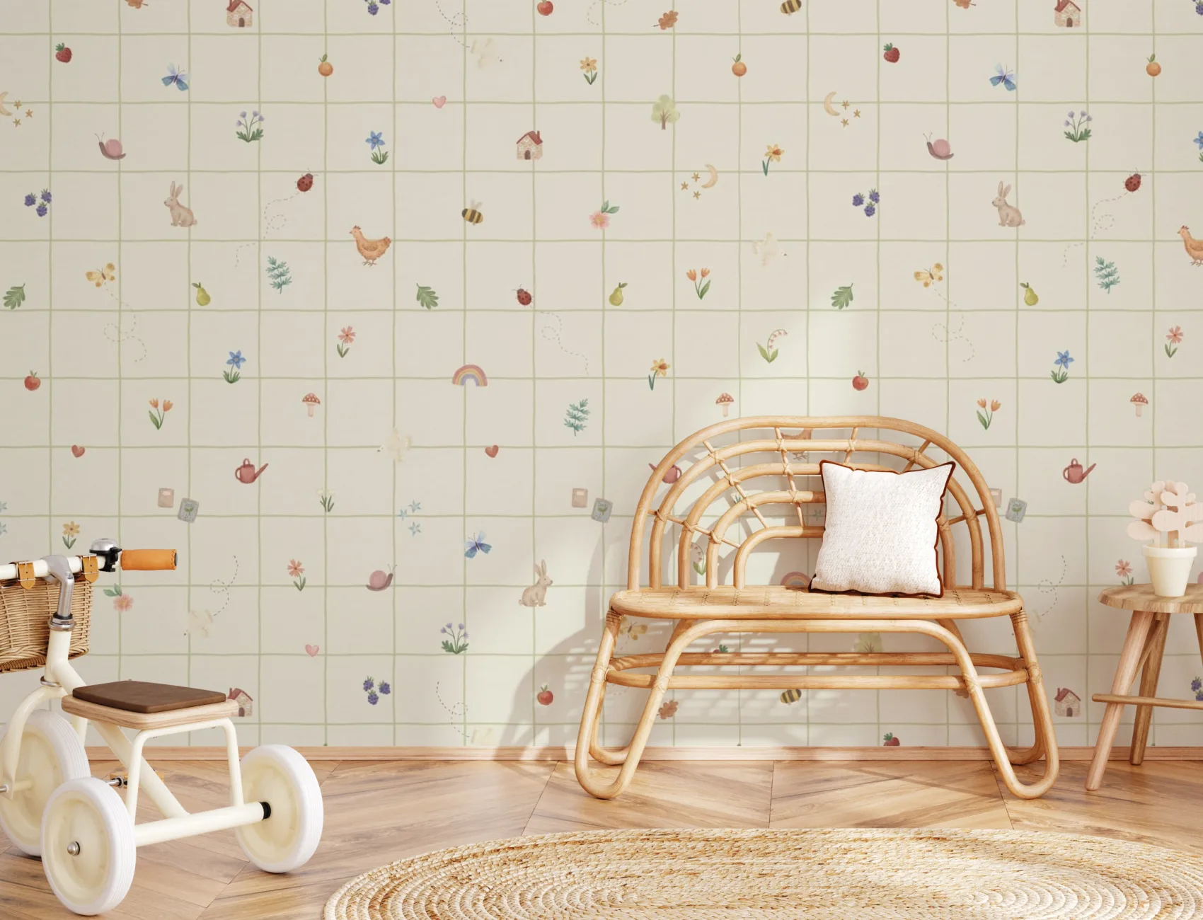 Kinderkamer muurschildering met veelkleurige botanische natuur