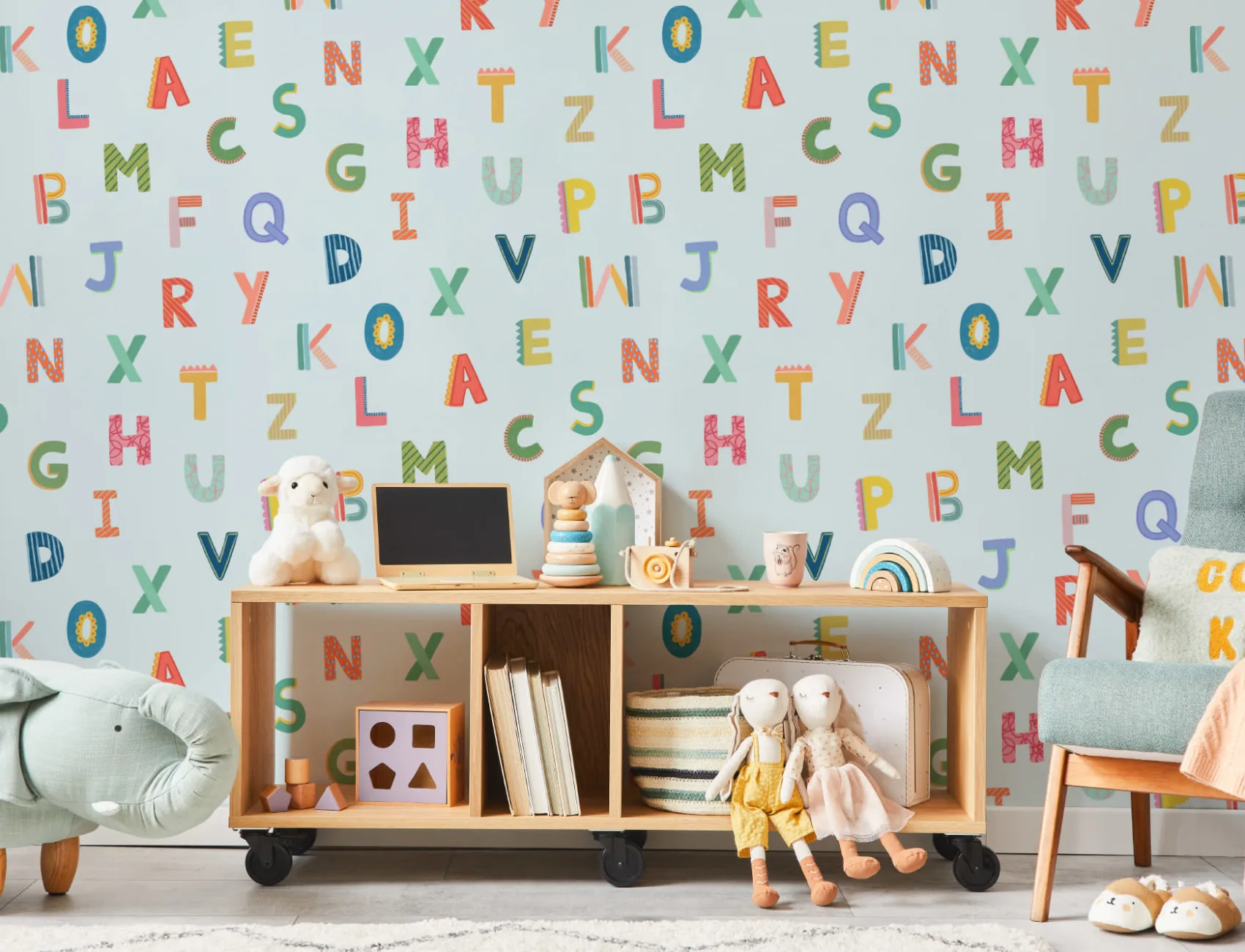 Blue Colorful Kids Alphabet Wallpaper