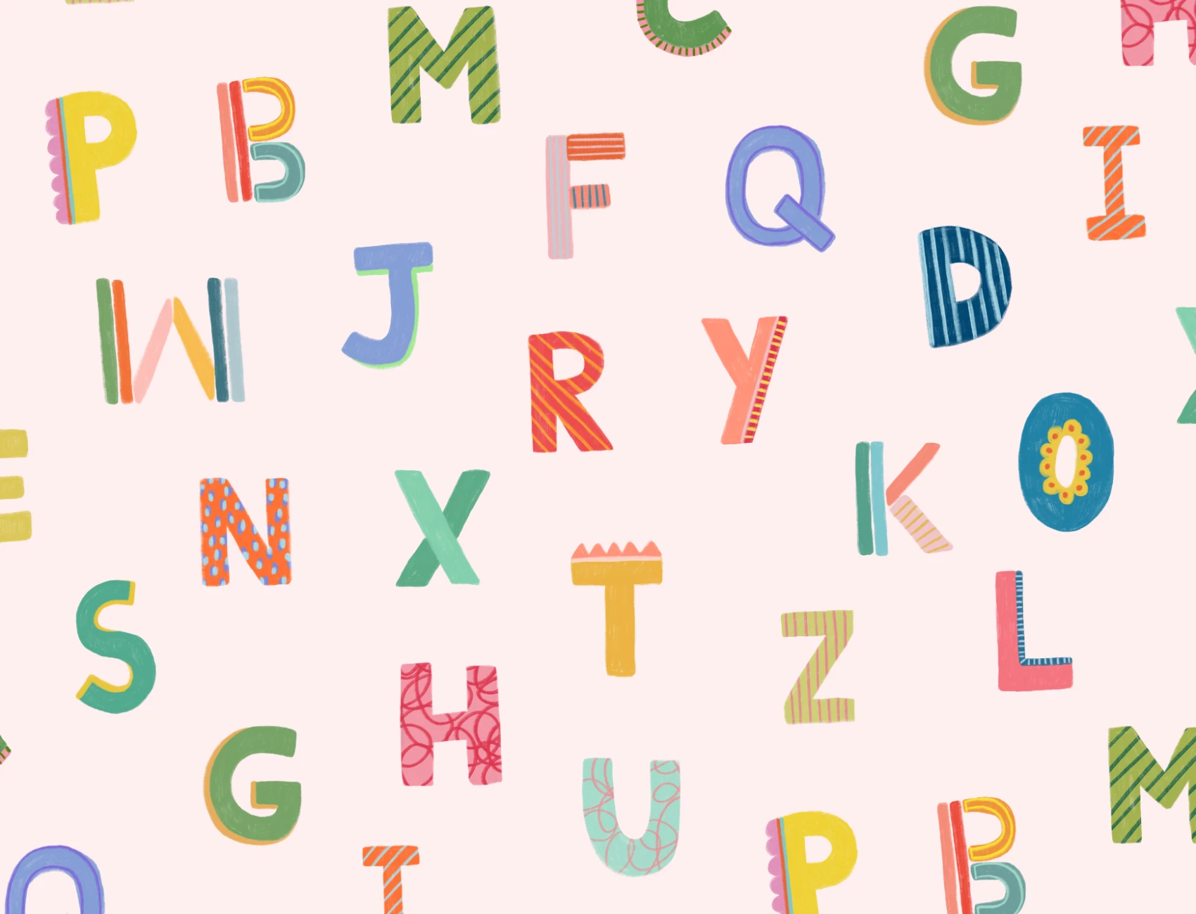 Carta da parati rosa colorata per bambini con alfabeto