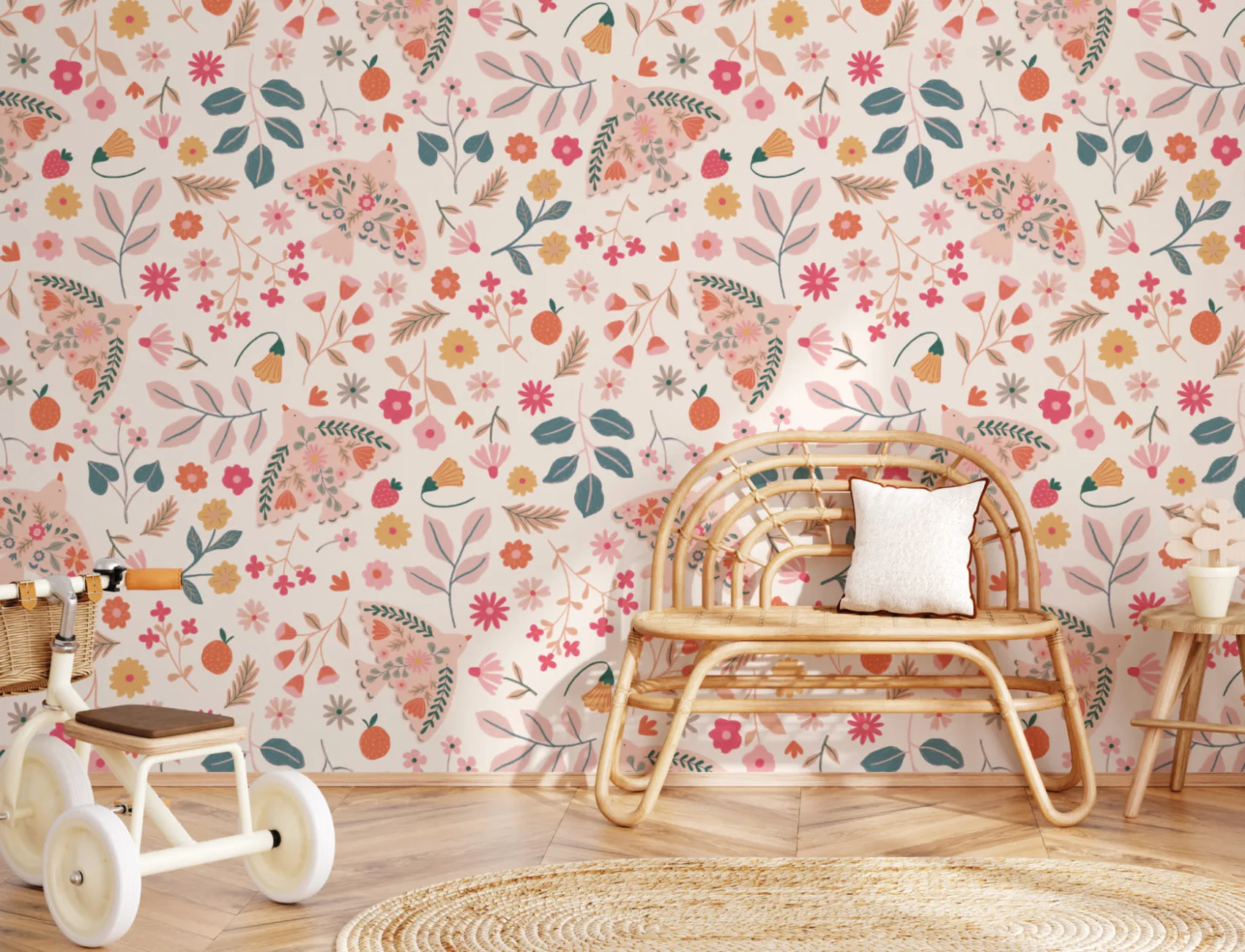 Pink Scandinavian Bird & Floral Motif Wallpaper