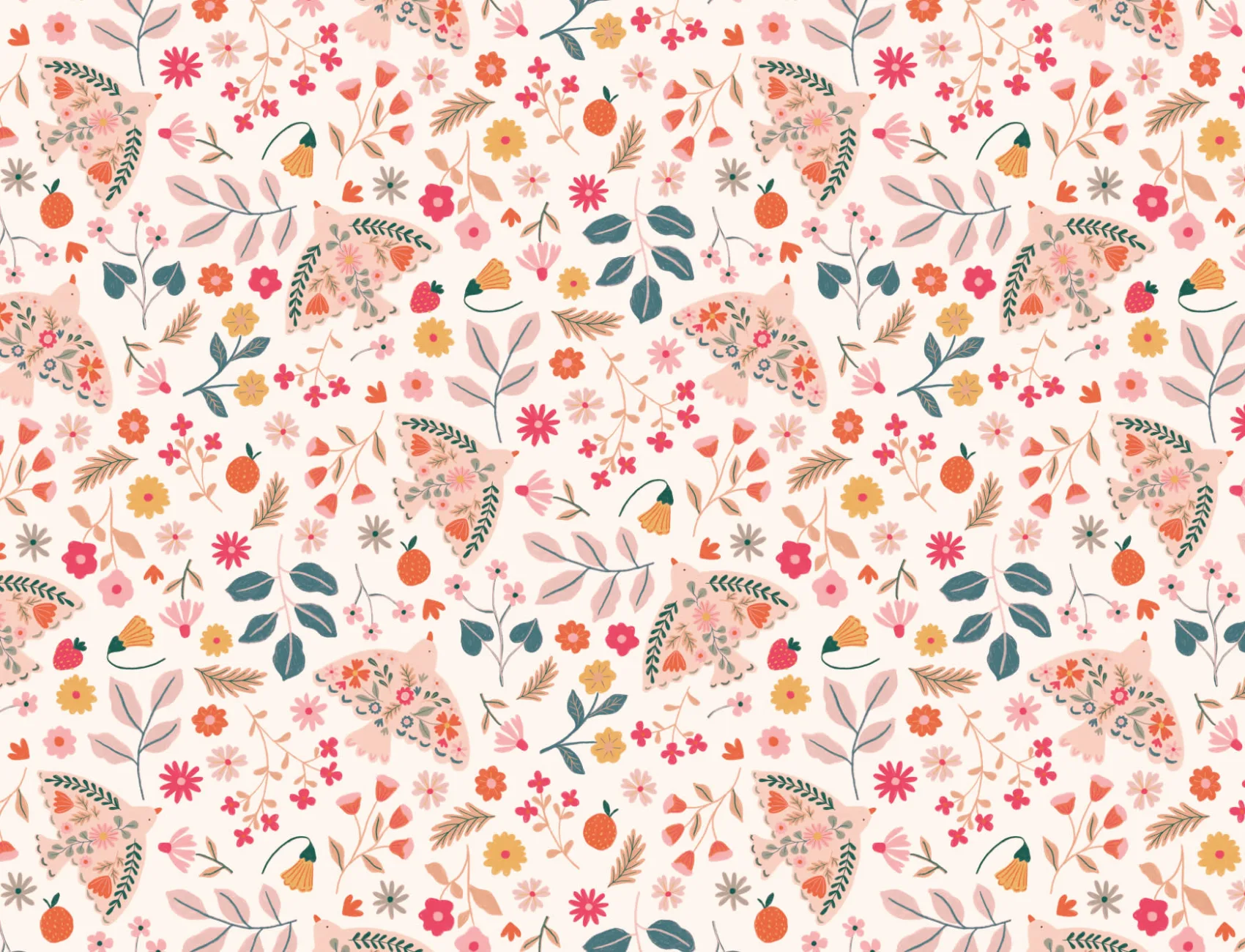 Pink Scandinavian Bird & Floral Motif Wallpaper