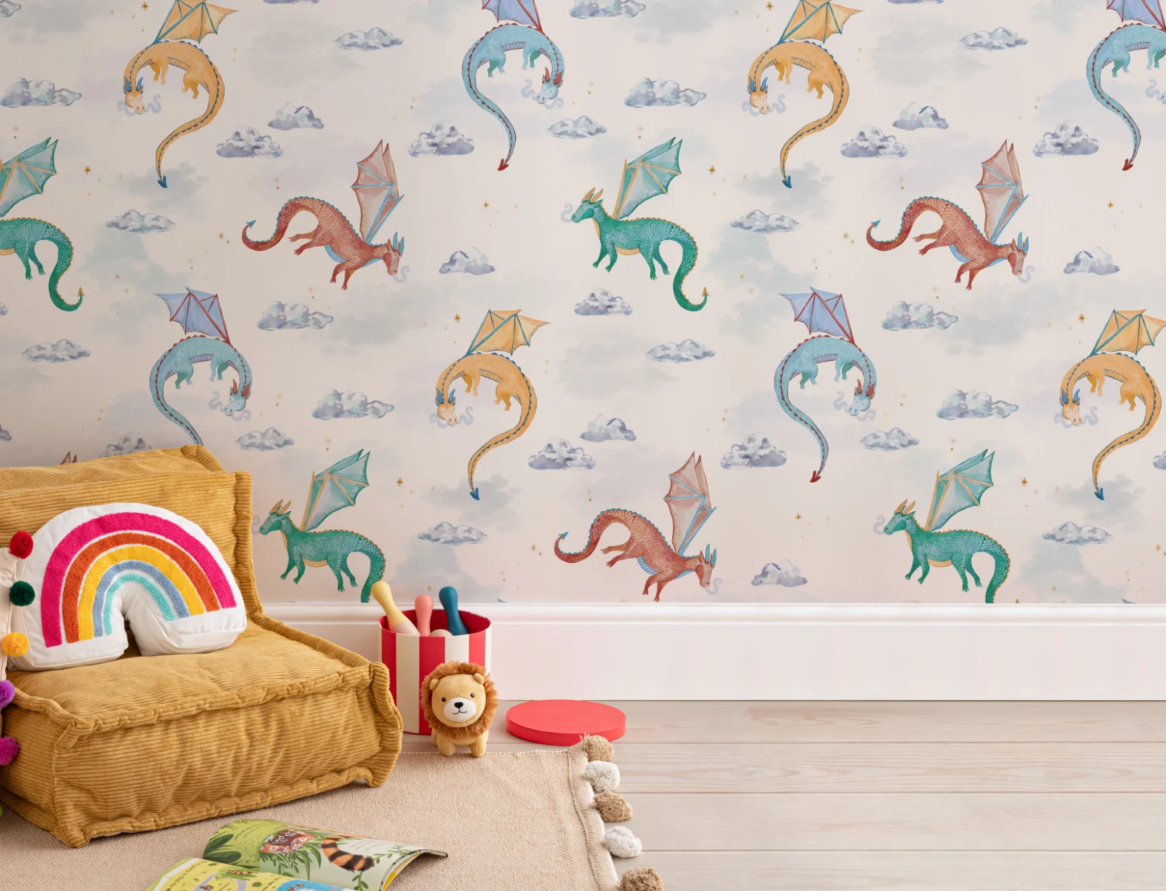 Kinder Weiß Aquarell Drachen Tapete