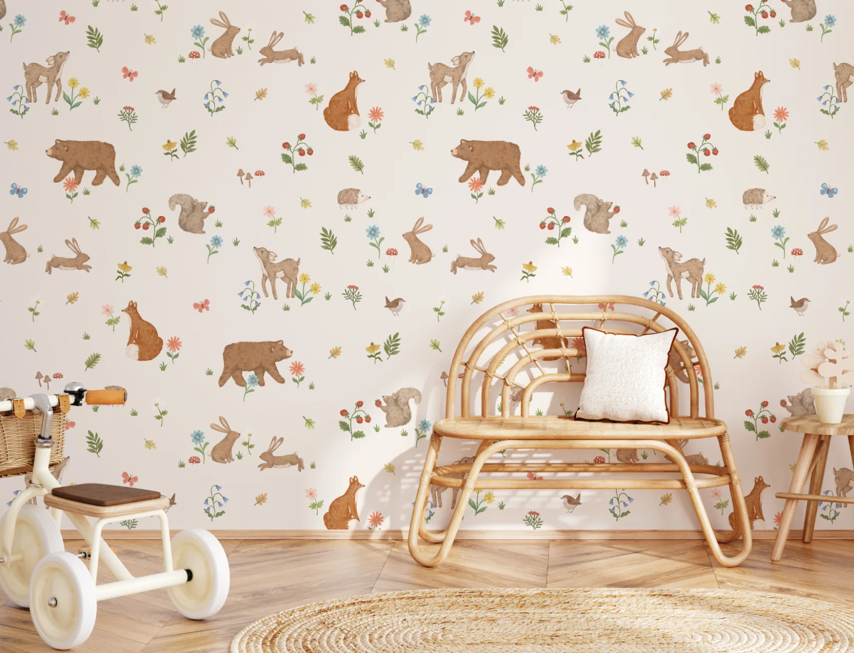 Beige Kids Cute Woodland Animals Mural