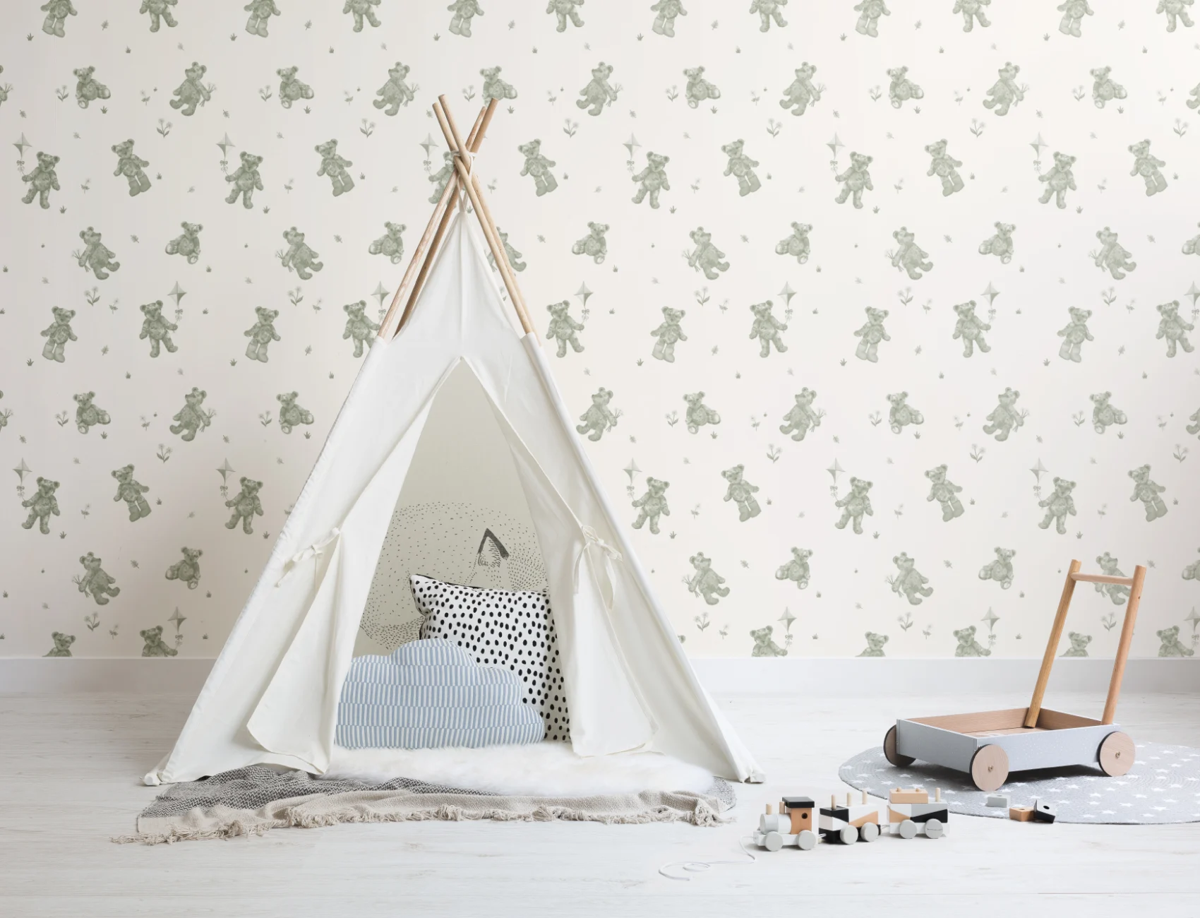 Green Kids Cute Teddy Motif Wallpaper