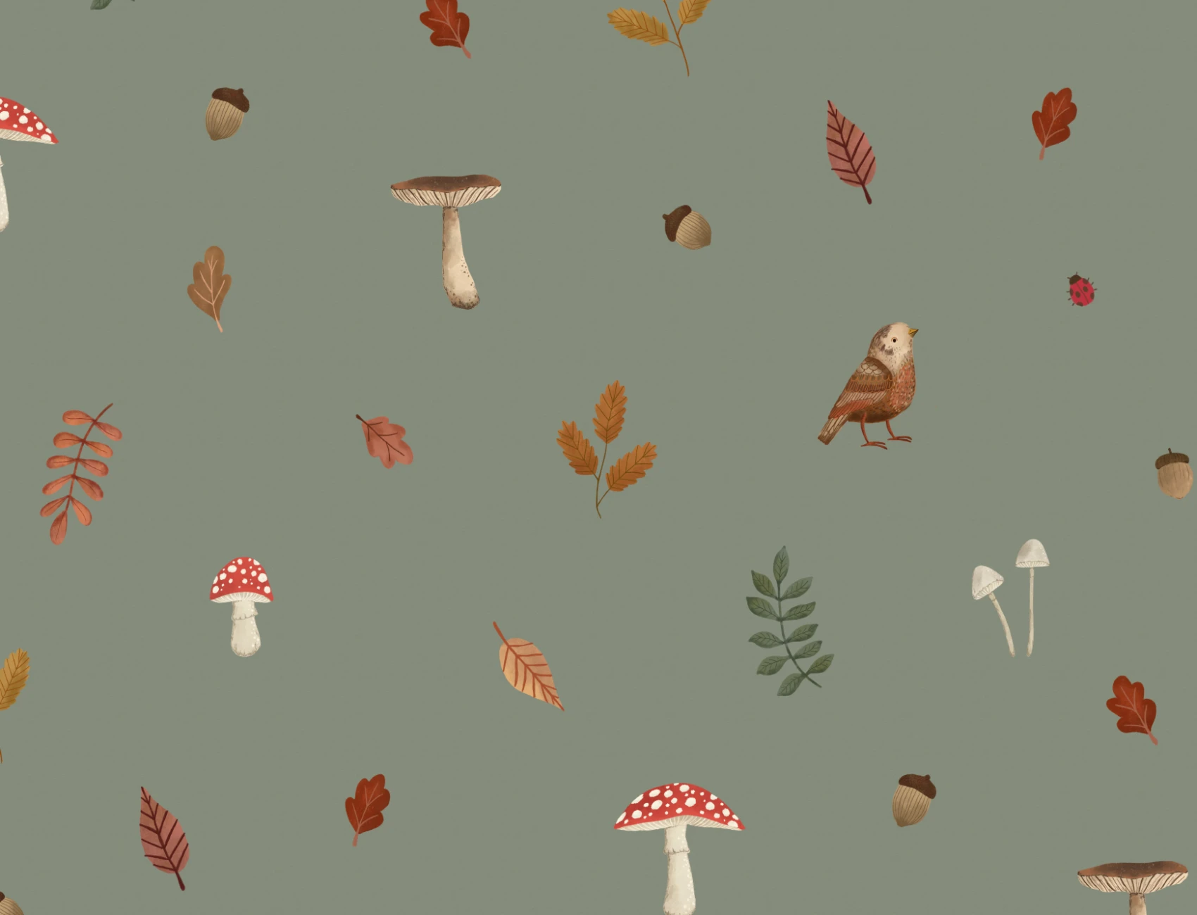 Mural de pássaros, cogumelos e folhas da floresta verde para crianças