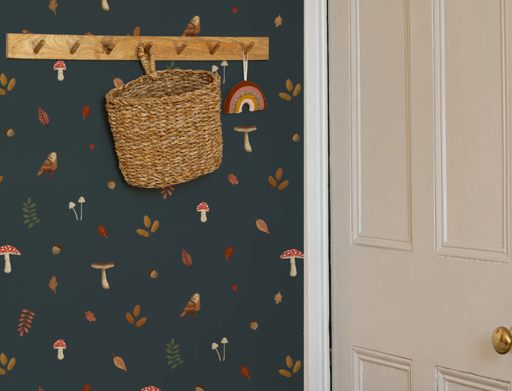 Kids Blue Woodland Birds, Mushroom & Leaves Mural