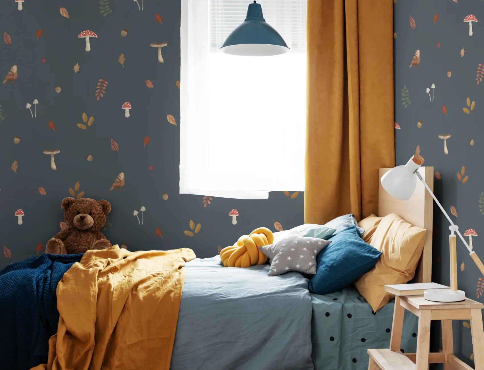 Kids Blue Woodland Birds, Mushroom & Leaves Mural