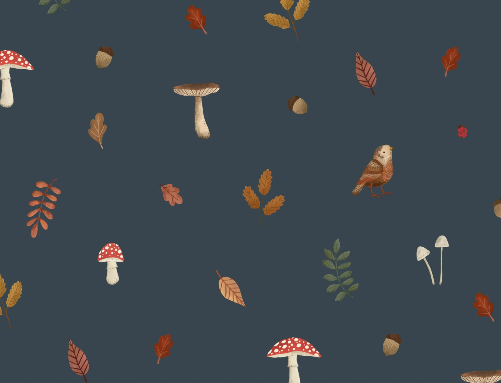 Kids Blue Woodland Birds, Mushroom & Leaves Mural