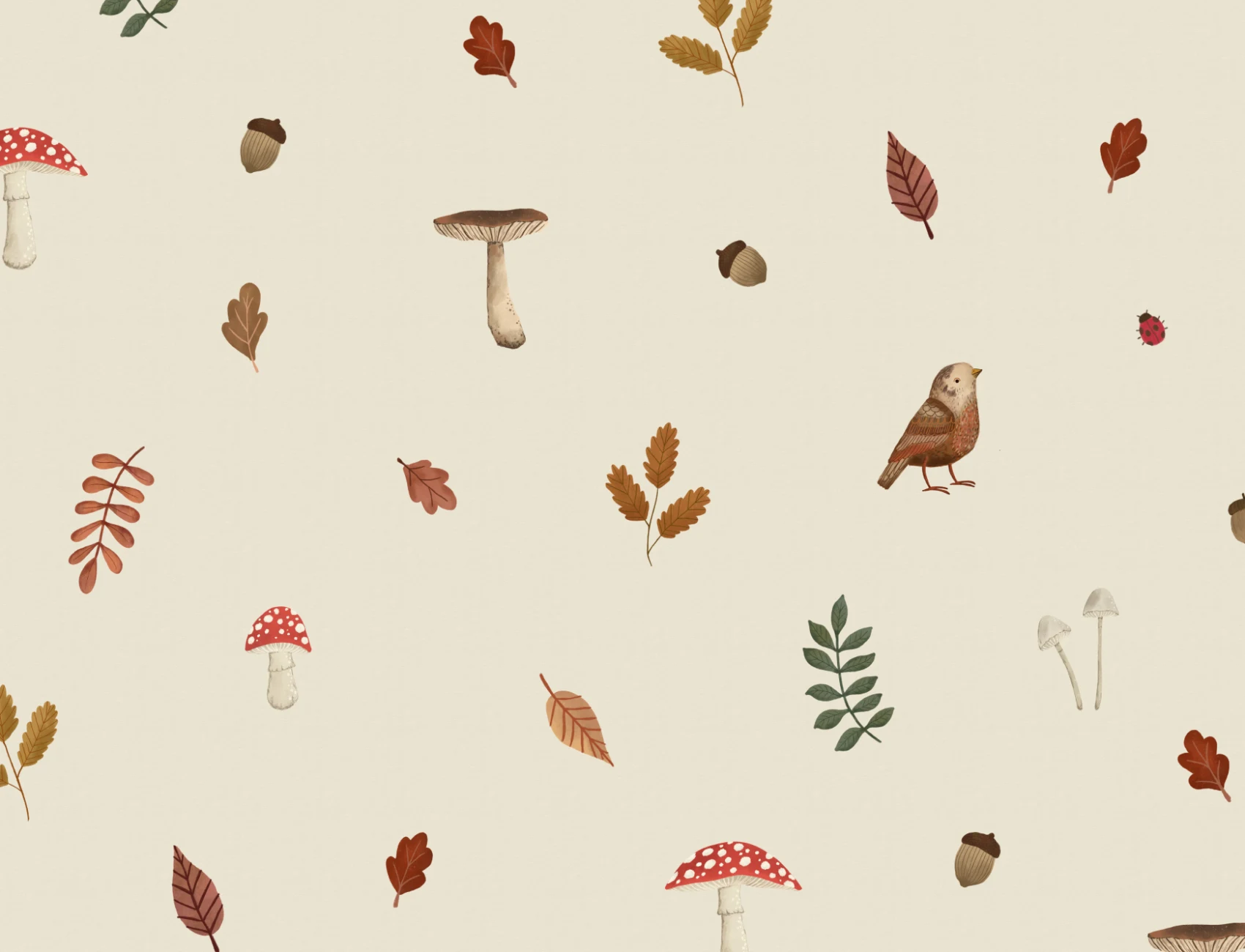 Kids Beige Woodland Birds, Mushroom & Leaves Mural