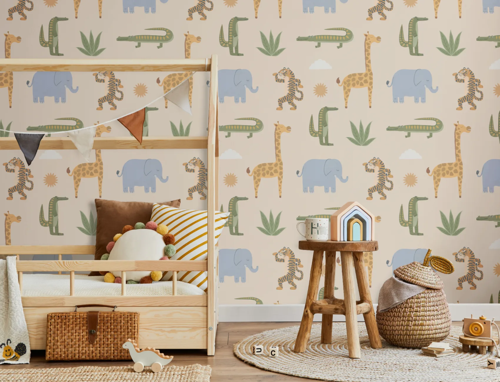 Beige Kids Playful Jungle Animals Mural