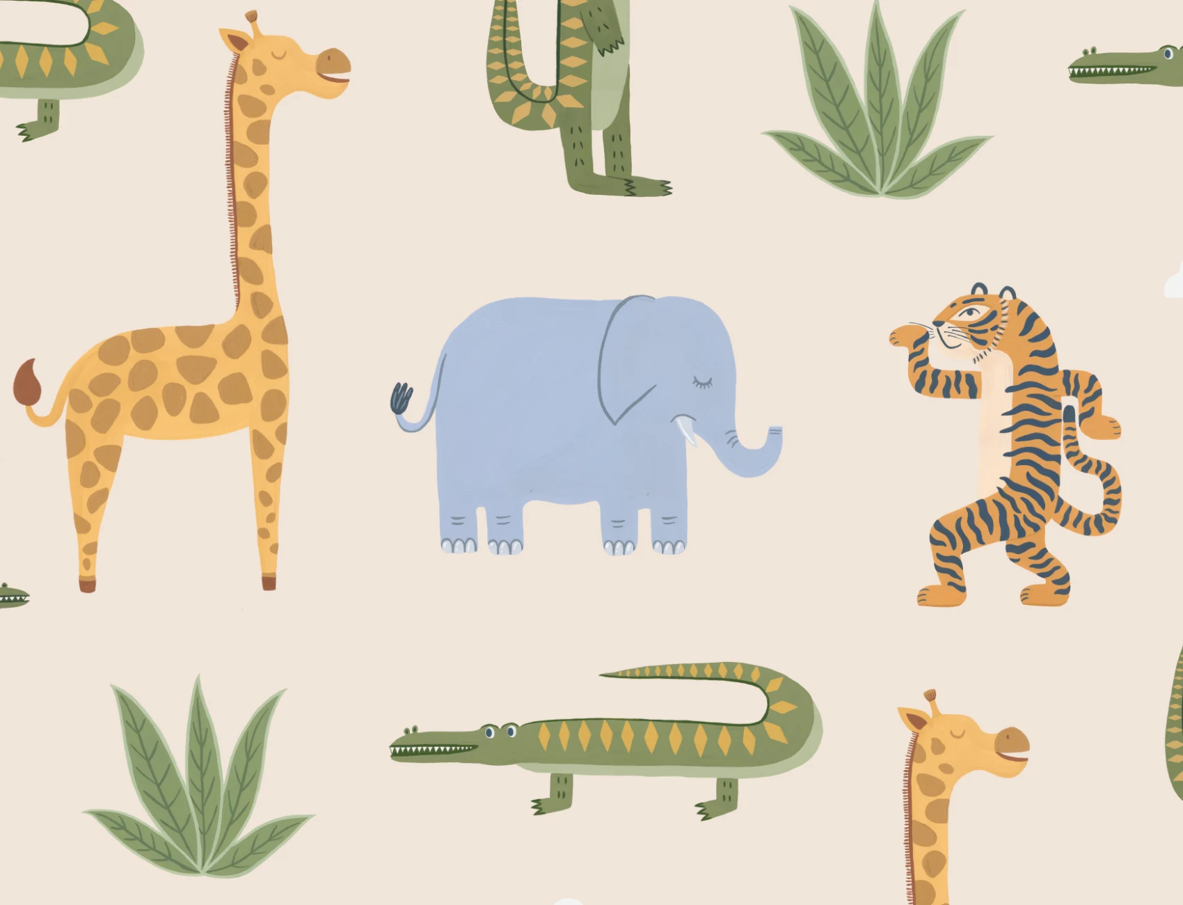 Beige Kids Playful Jungle Animals Mural