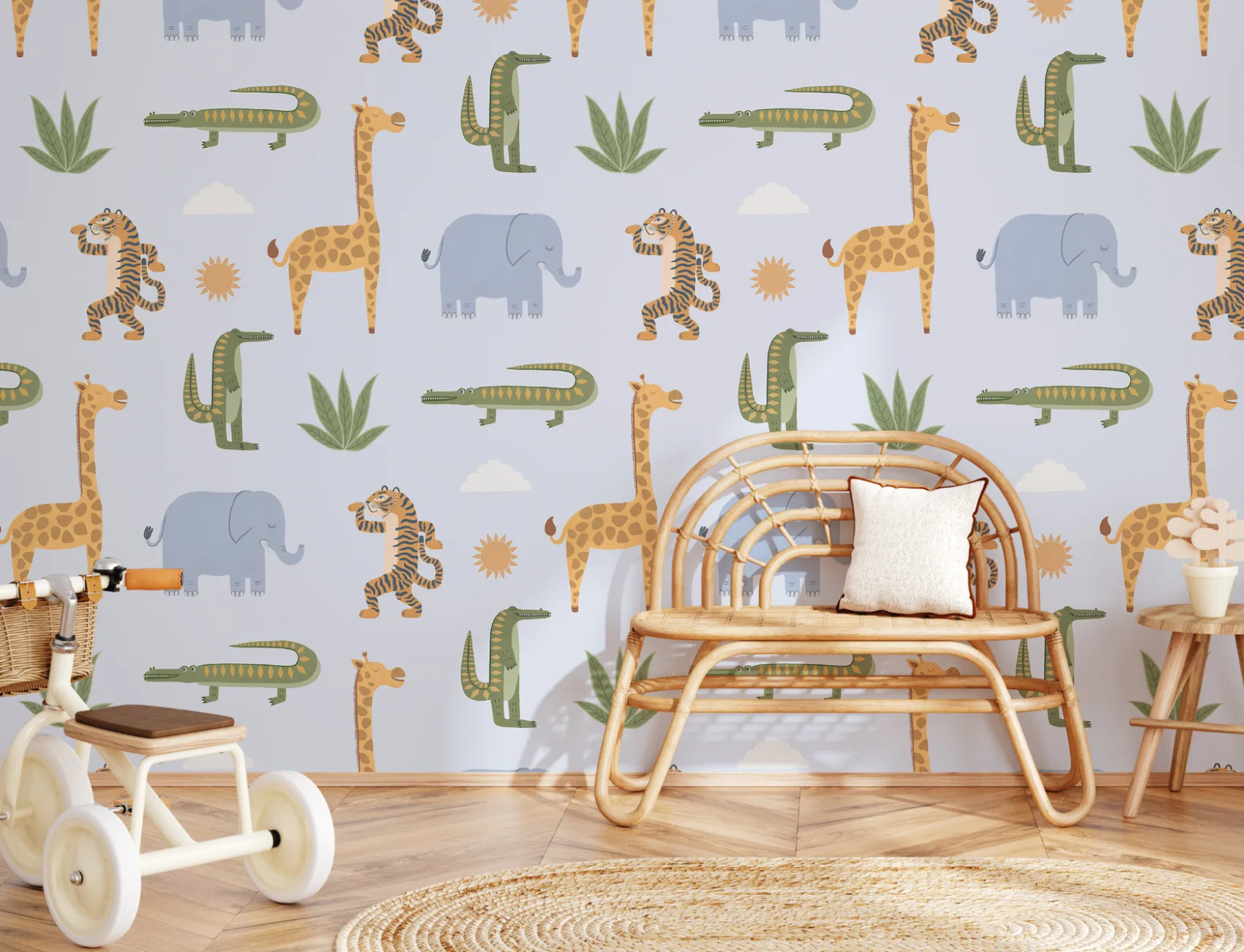 Papier peint panoramique des animaux de la jungle des enfants bleus