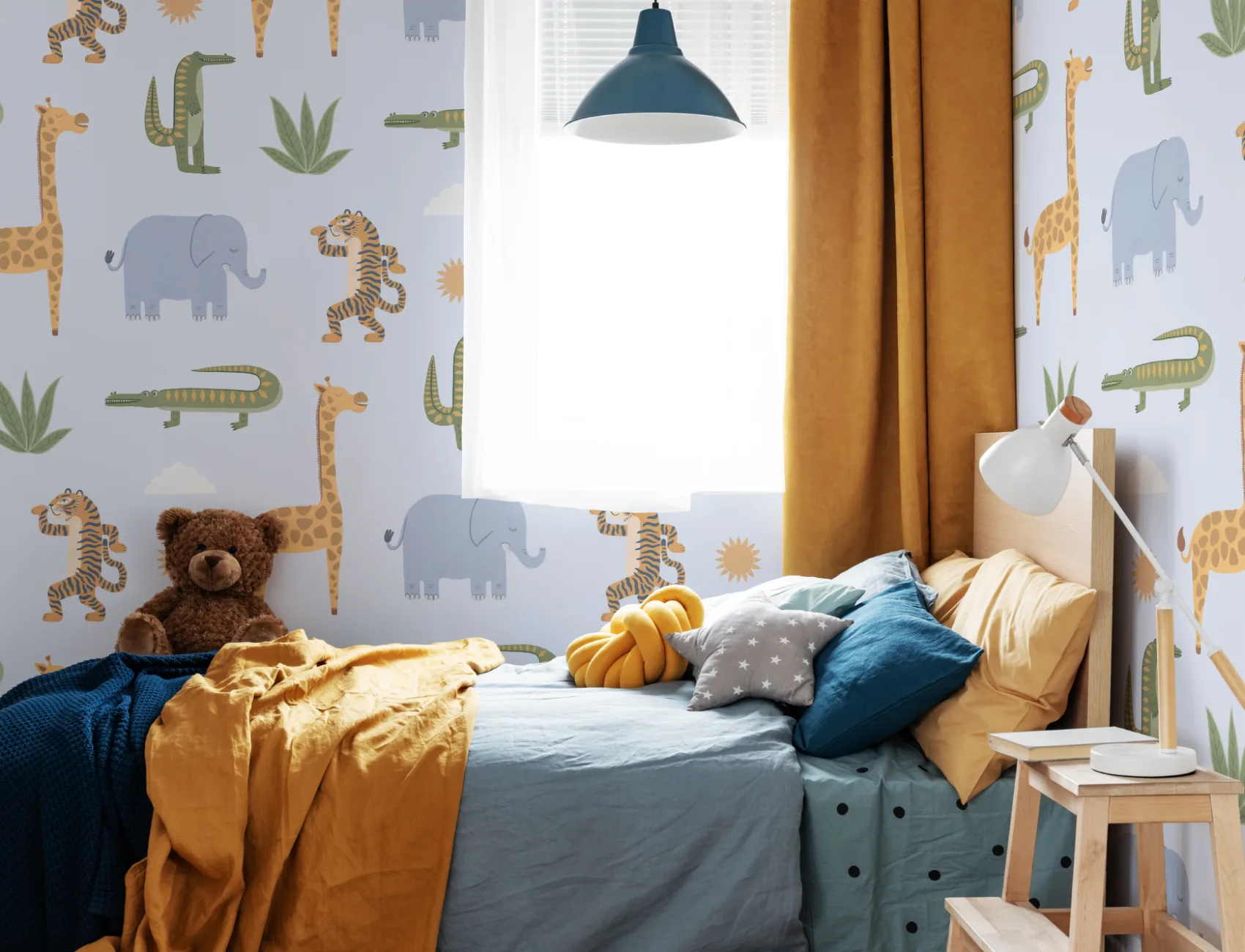 Papier peint panoramique des animaux de la jungle des enfants bleus