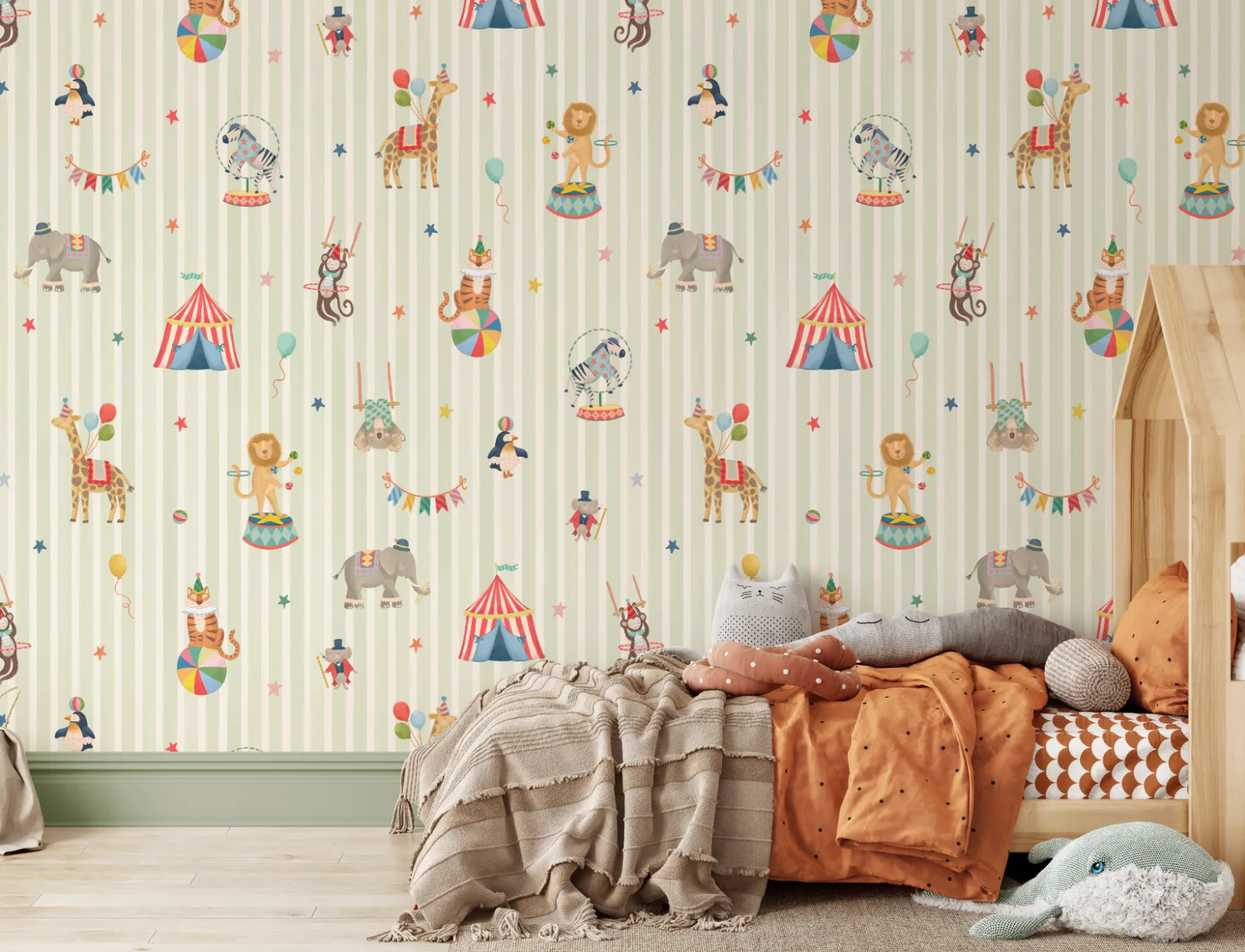 Kids Green Stripe Circus Animals Mural