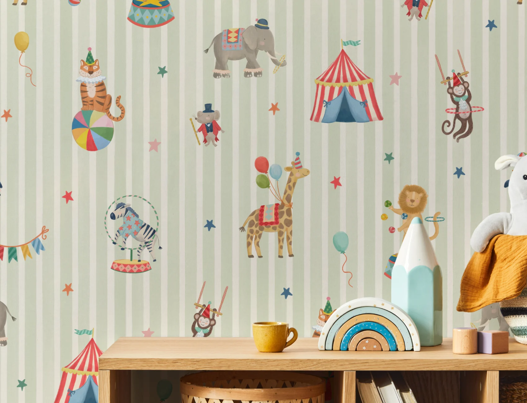Kids Green Stripe Circus Animals Mural