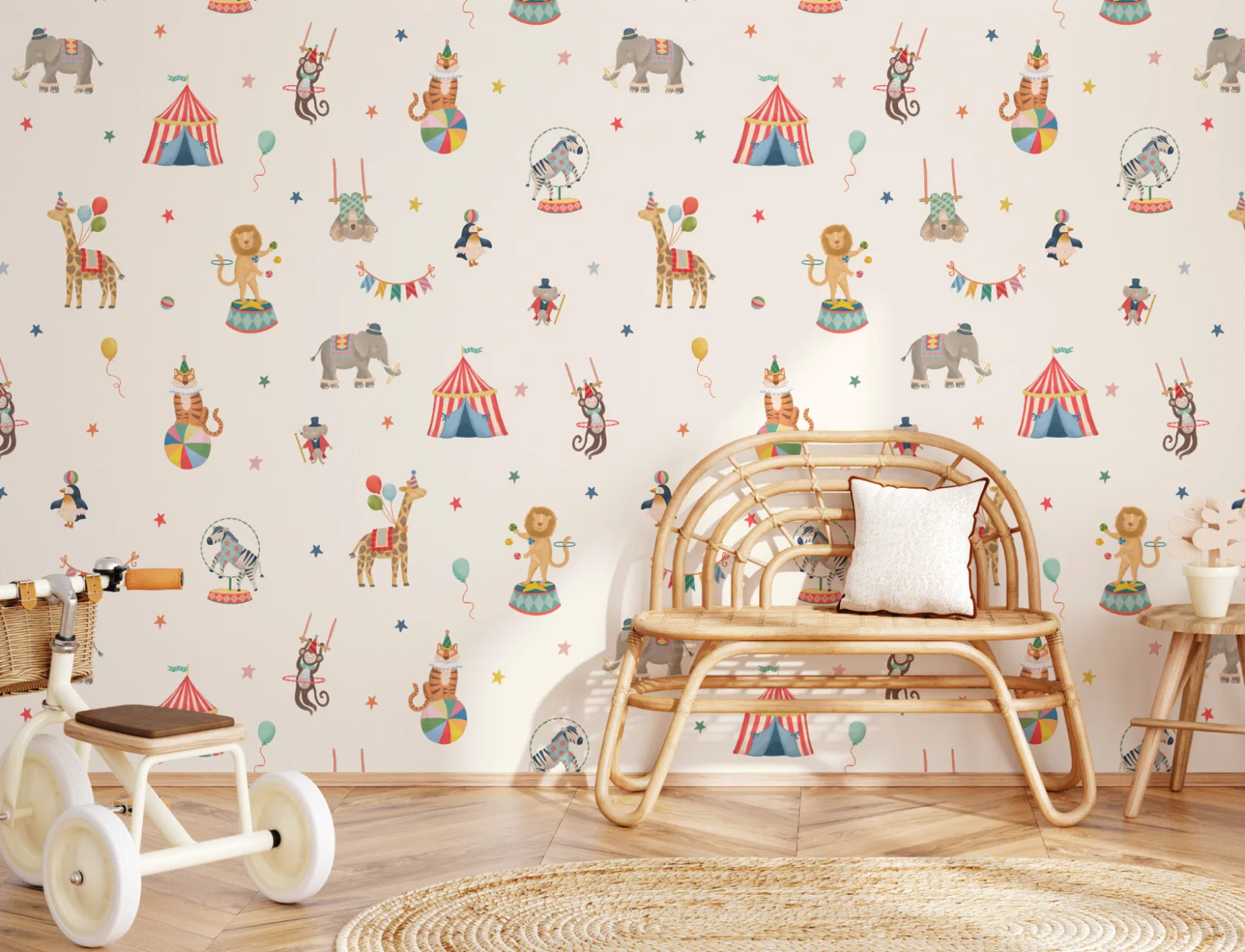 Papier peint beige des animaux du cirque pour les enfants