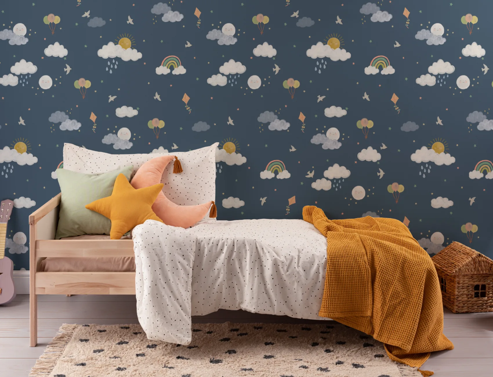 Dark Blue Hand Drawn Sun, Clouds & Rainbow Print Wallpaper