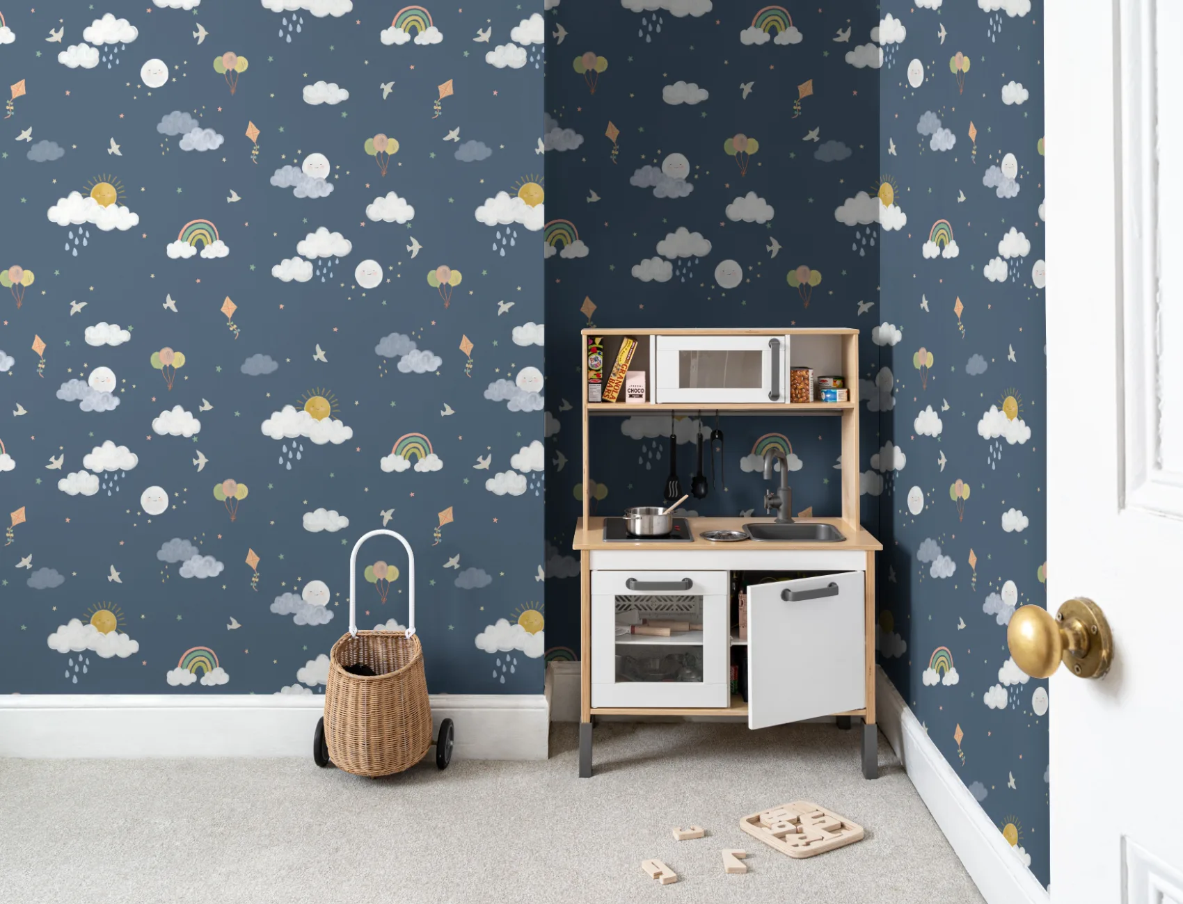 Dark Blue Hand Drawn Sun, Clouds & Rainbow Print Wallpaper
