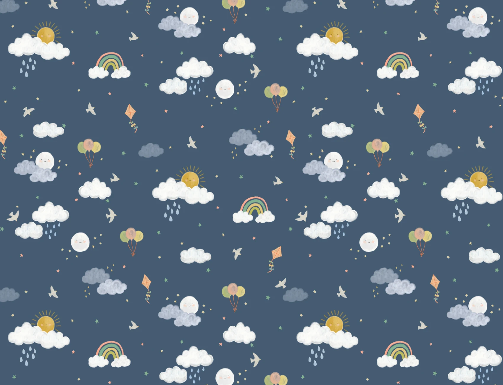 Dark Blue Hand Drawn Sun, Clouds & Rainbow Print Wallpaper