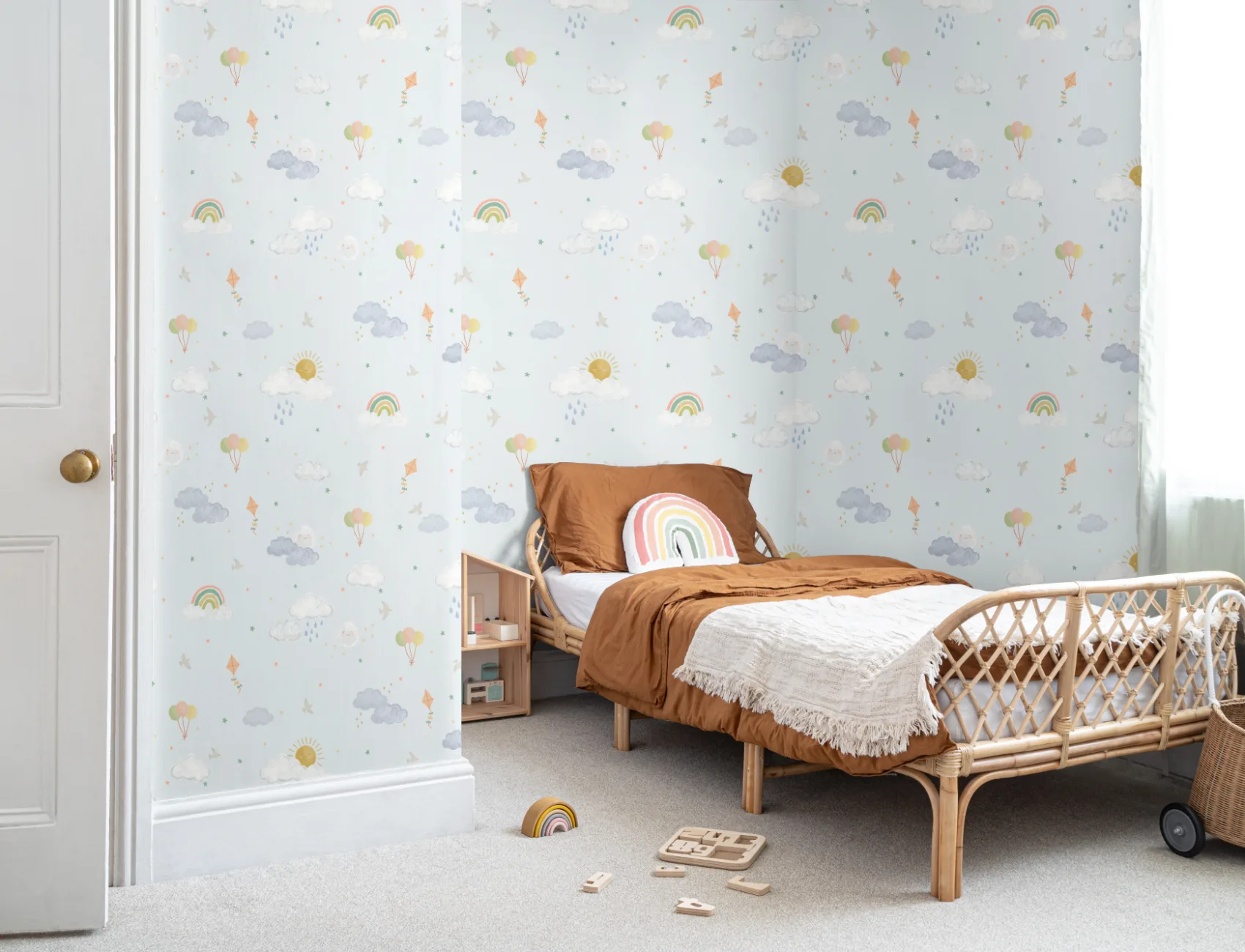 Light Blue Hand Drawn Sun, Clouds & Rainbow Print Wallpaper