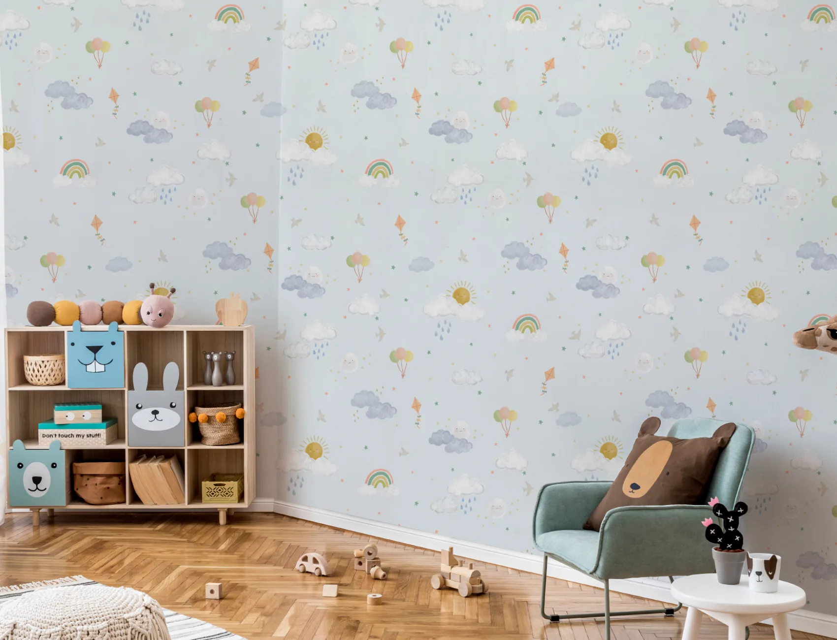 Light Blue Hand Drawn Sun, Clouds & Rainbow Print Wallpaper