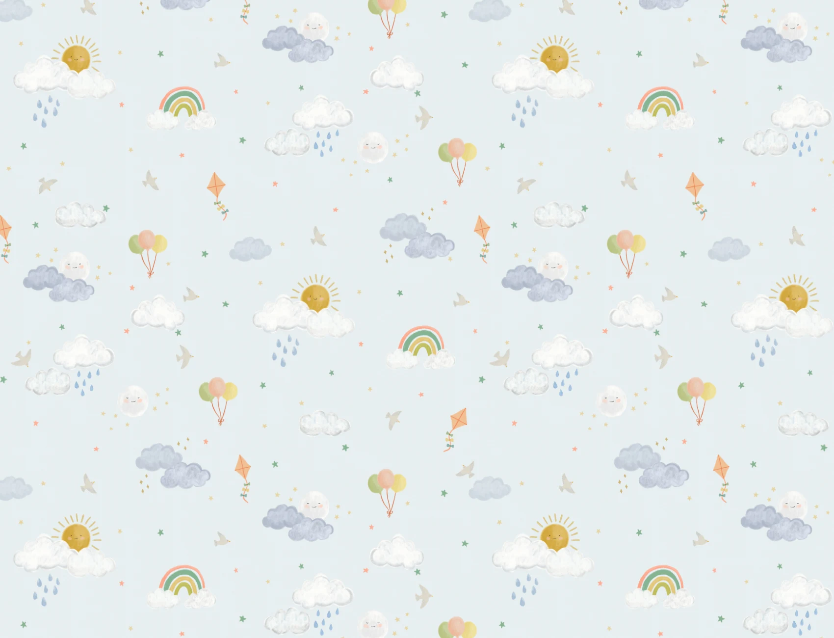 Light Blue Hand Drawn Sun, Clouds & Rainbow Print Wallpaper