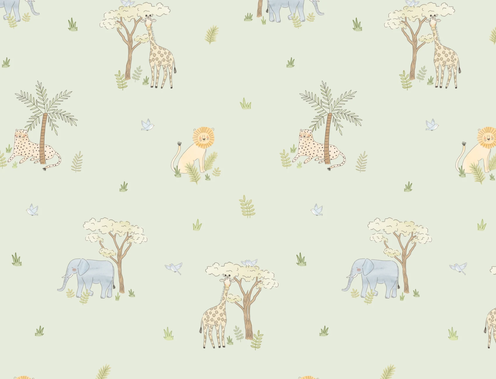Papel pintado de Animales de safari coloridos ilustrado en verde