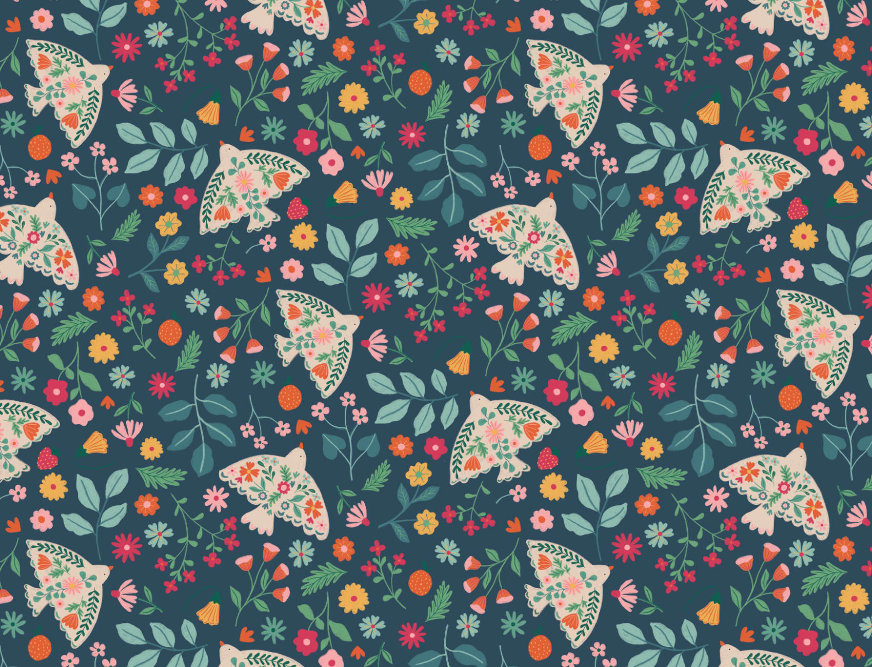 Papel de parede com motivos florais e pássaros escandinavos azuis escuros