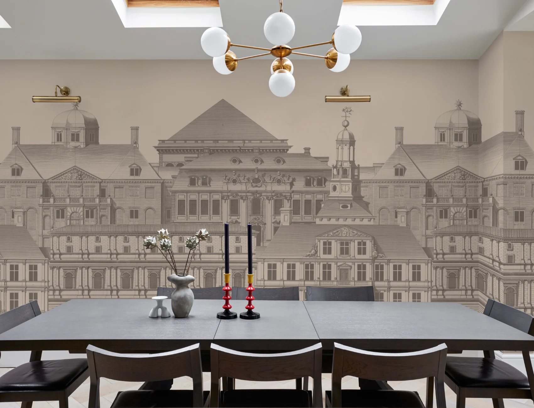 Mural de papel pintado con grabados de arquitectura clásica Diseño de Jan Matthysz y Pieter Jansz Post en gris